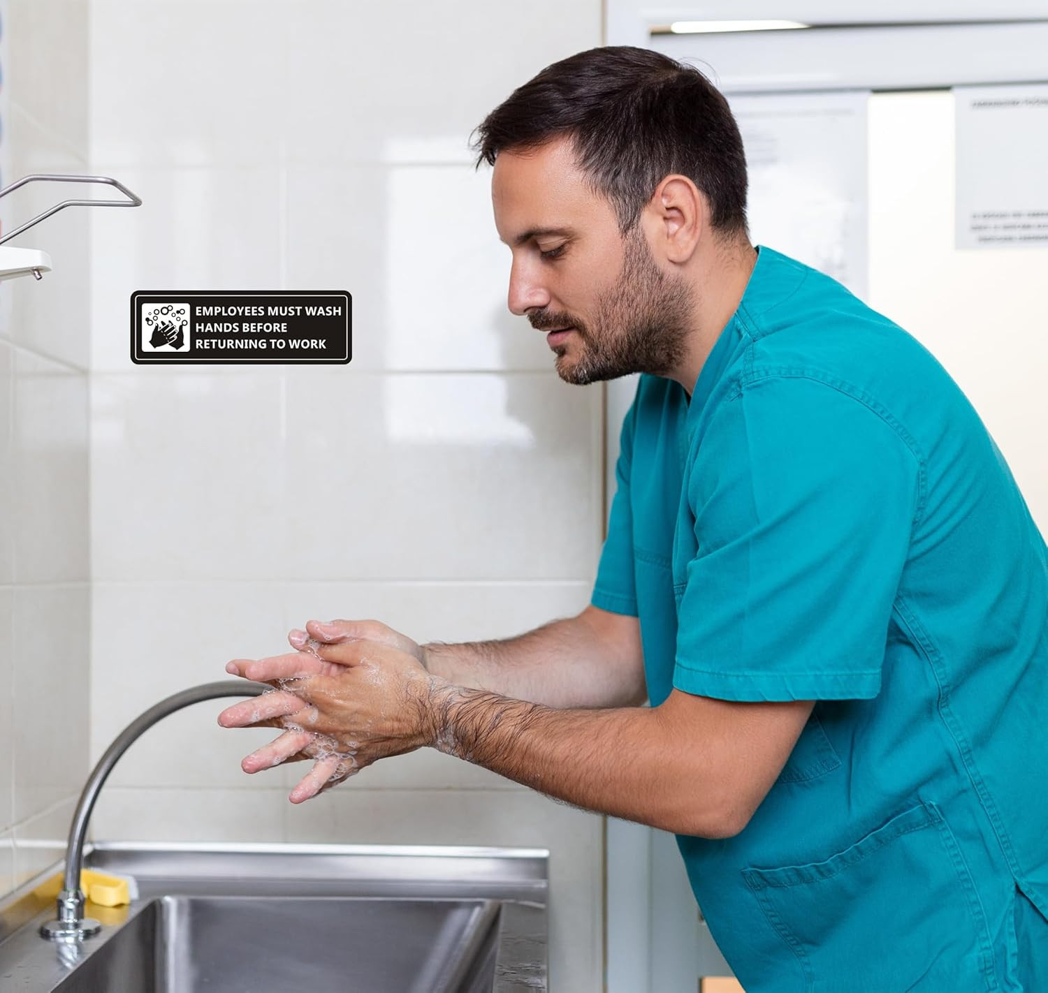 (4 Pack) Employees Must Wash Hands Sign, Self-Adhesive Metal Signage for Bathroo