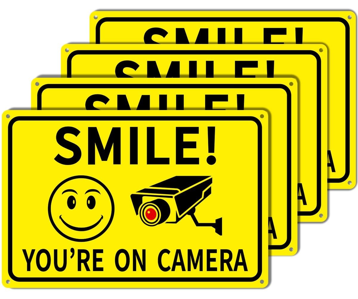 4-Pack Smile You’re On Camera Signs 8″x12″ Rust Free Aluminum Video Surveillance