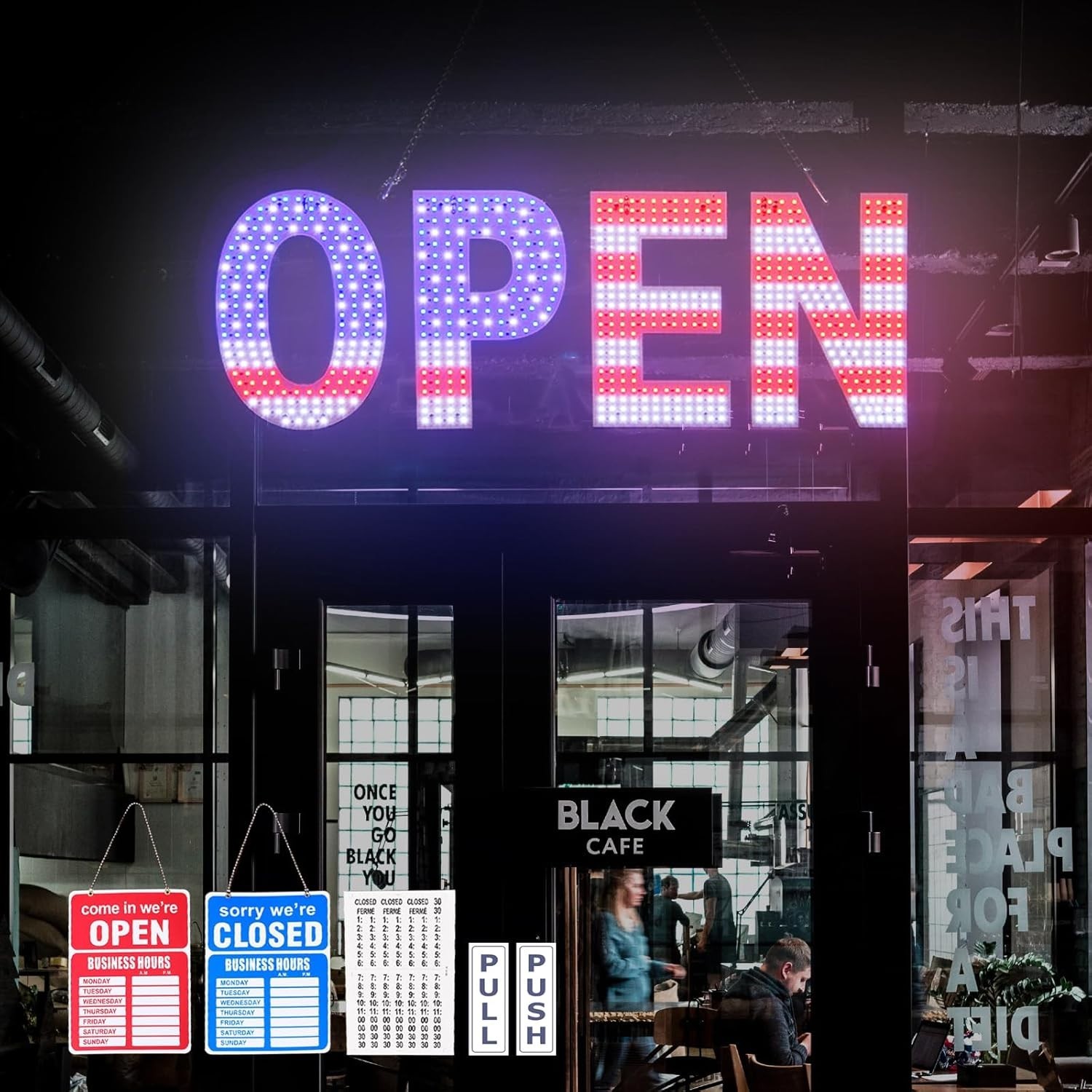 LED Open Sign 30x10in Dimmable 3 Modes US Flag Lighted Business Sign