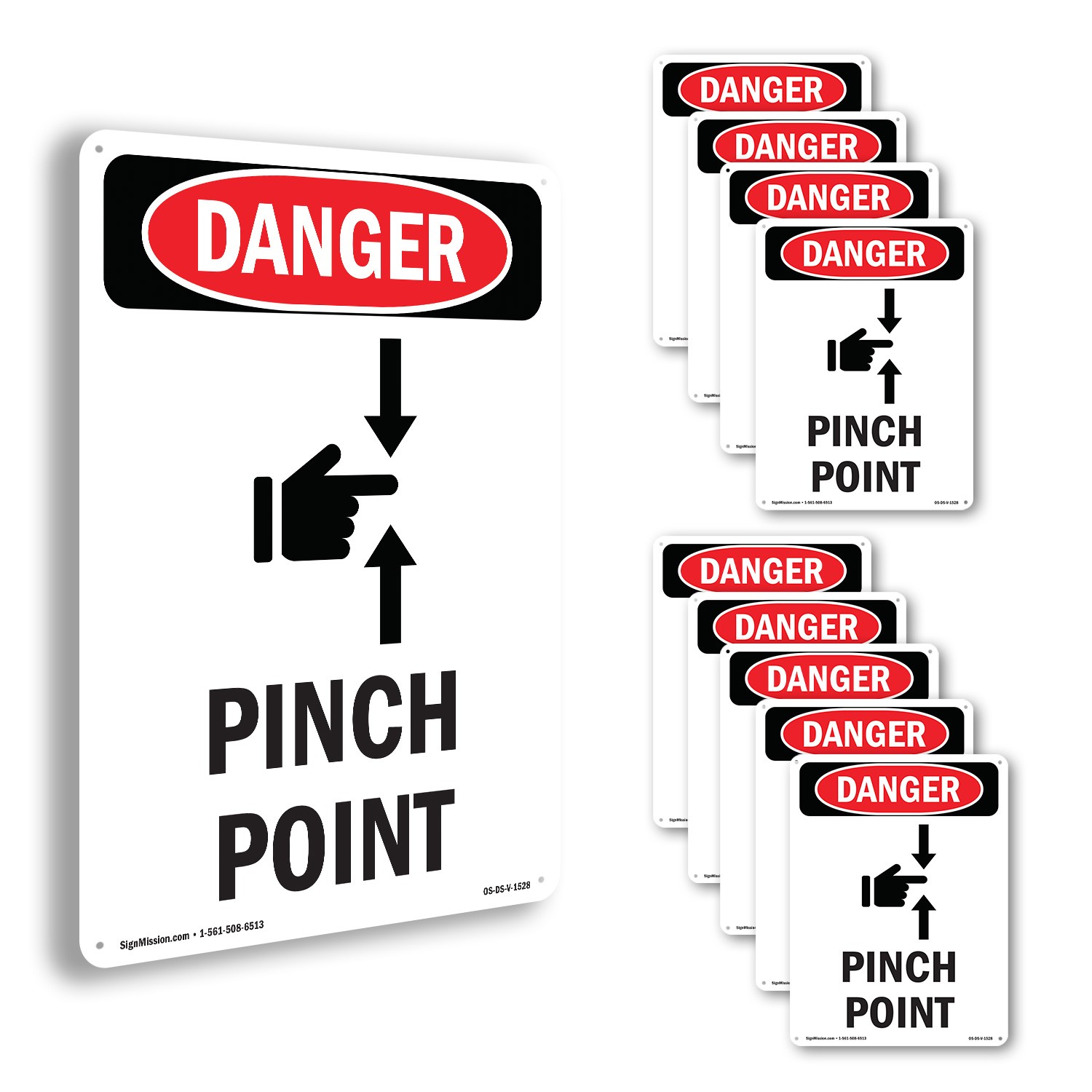 Pinch Point OSHA Danger Sign Metal, Plastic, Or Decal – 5 or 10 Pack