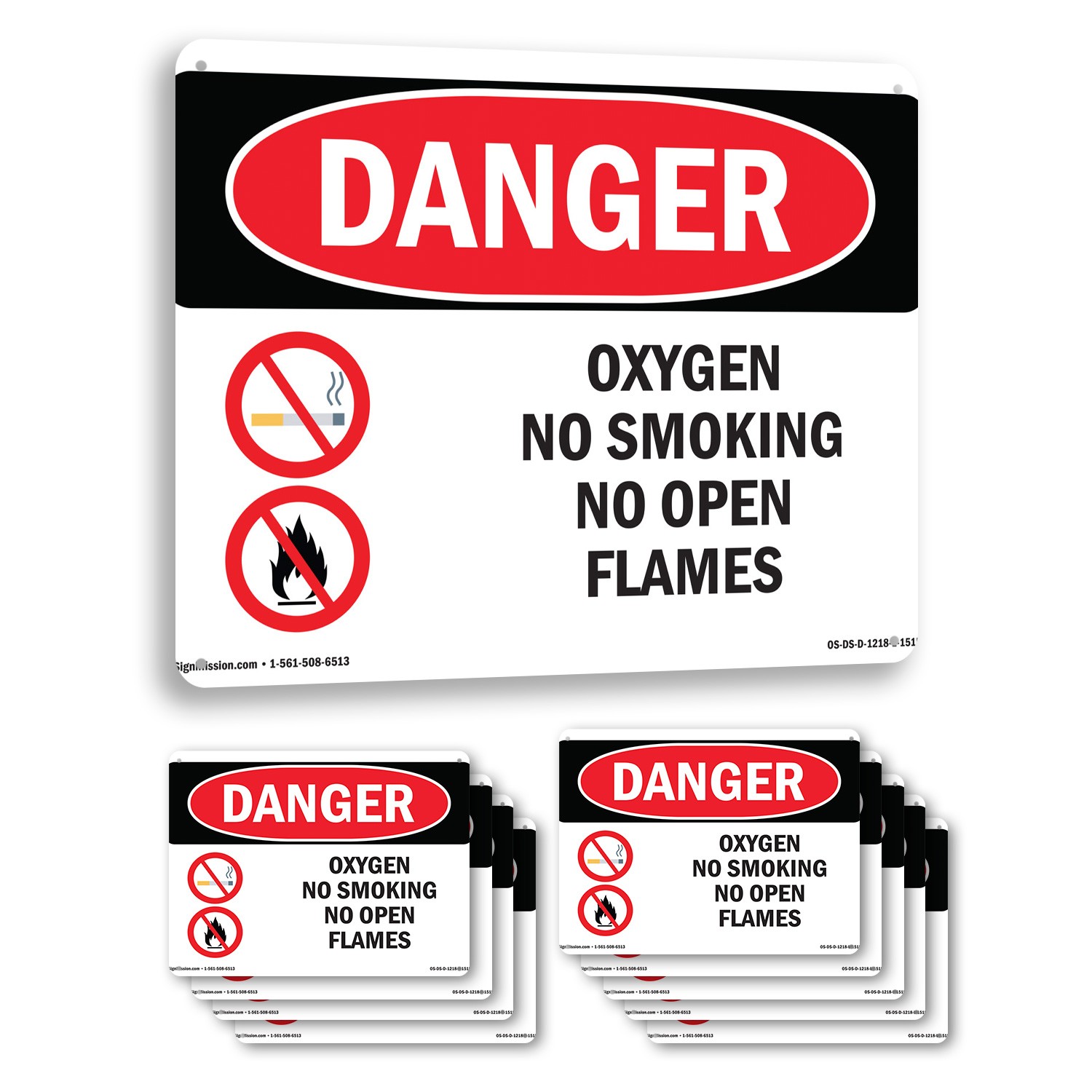 Oxygen No Smoking No Open Flames OSHA Danger Sign Metal, Decal – 5 or 10 Pack