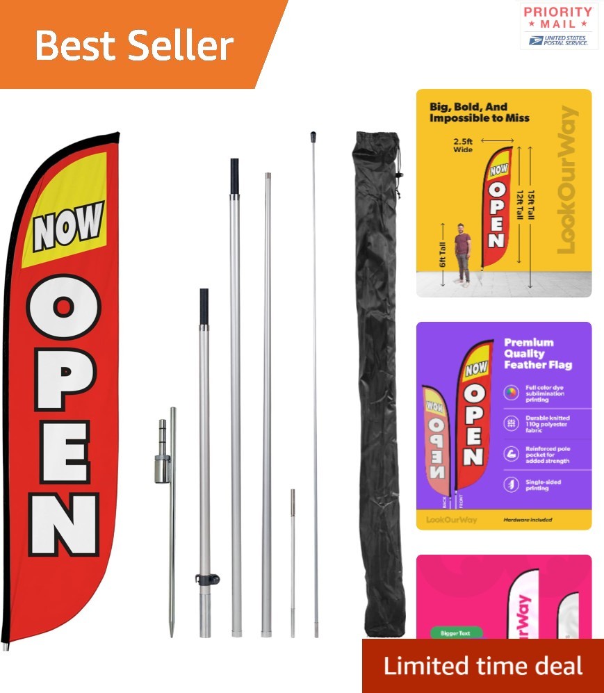 12ft Now Open Feather Flag Pole Kit with Ground Spike Red Yellow for Outdoor Use