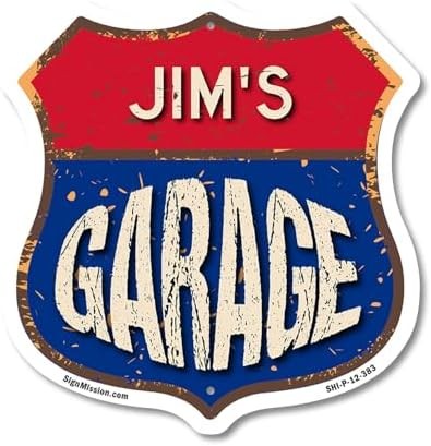 Jim’s Garage 12 inch X 12 inch Shield Shaped Commercial Grade Plastic Sign Weath