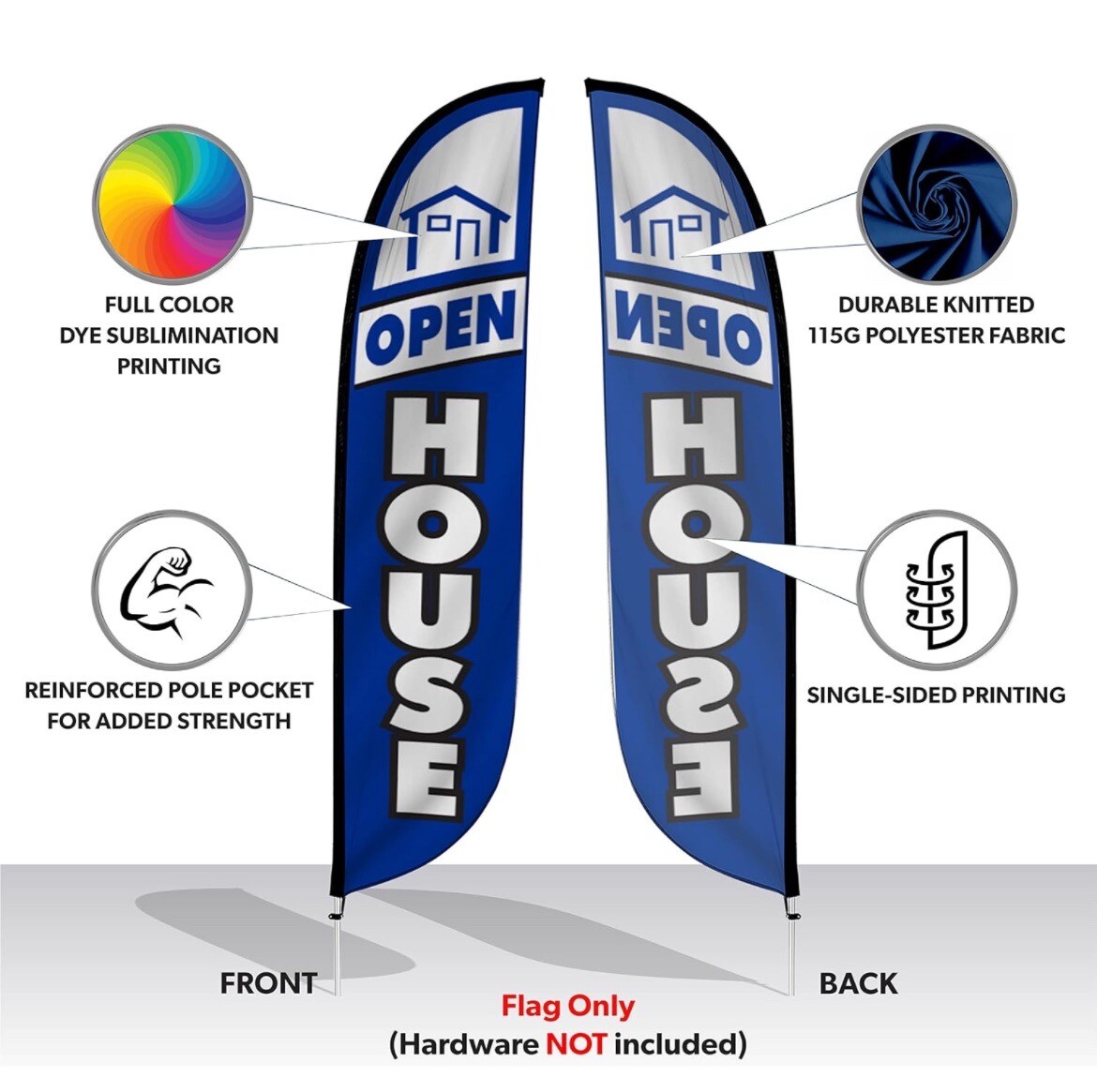 New 12’ OPEN HOUSE FEATHER FLAG For Real Estate Blue 12’x2.5’ – FLAG ONLY