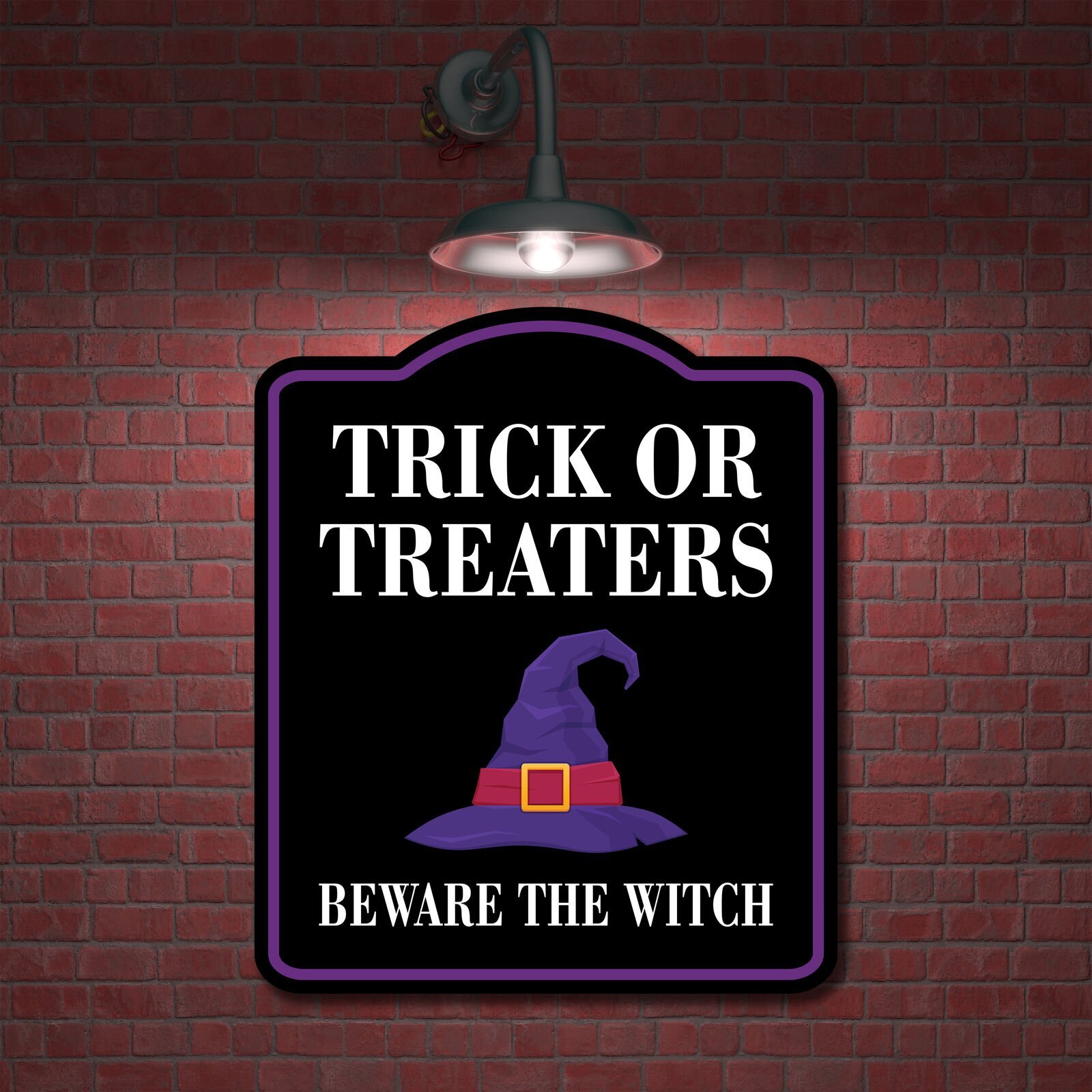 Trick Or Treaters Beware The Witch Purple BLACK Aluminum Composite Sign