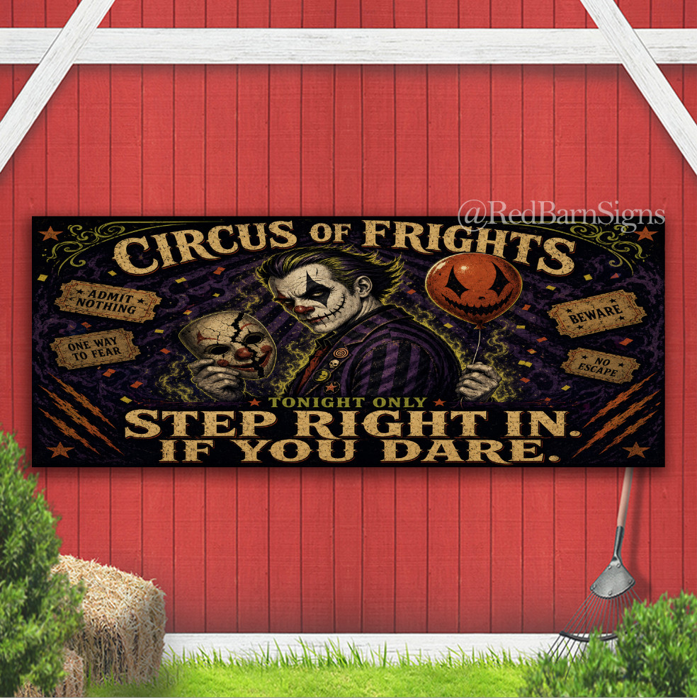 Creepy Horror Clown Circus of Frights Indoor Outdoor Banner Sign with grommets