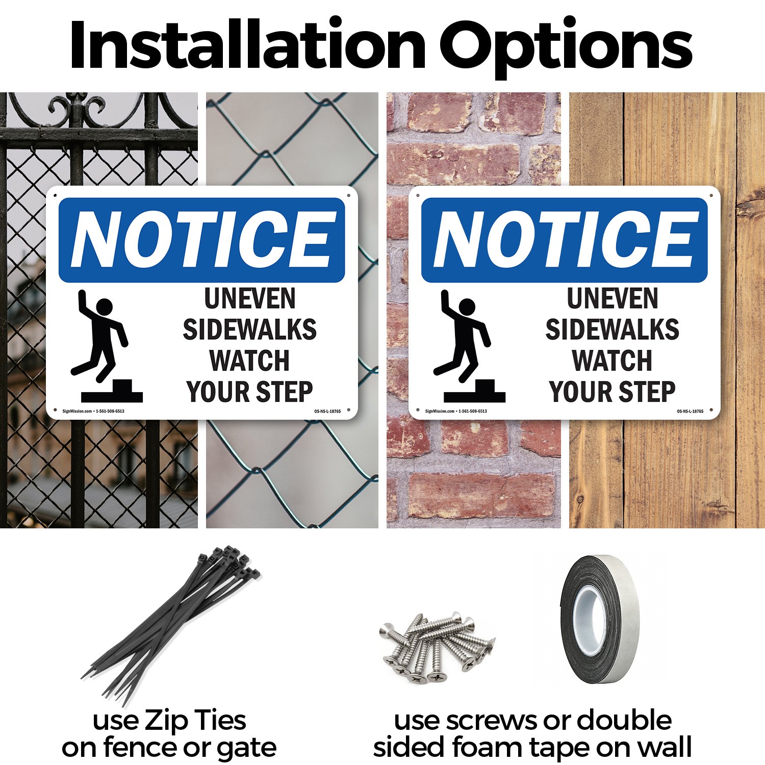 Uneven Sidewalks Watch Your Step OSHA Notice Sign Metal, Decal – 5 or 10 Pack