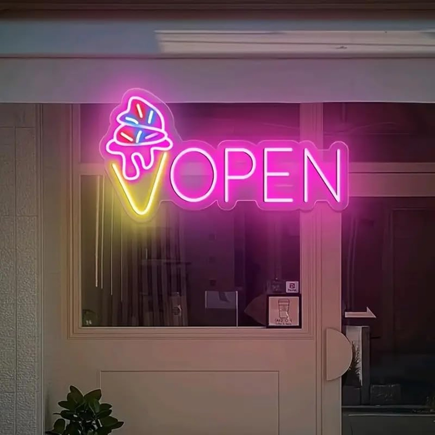 LED Neon Open Sign with Ice Cream Cone Design, USB Powered, Wall Hanging Plas…