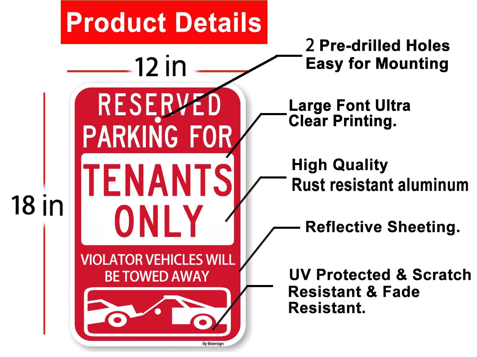 Large Reserved Tenants Parking Only Reflective Aluminum Metal Sign 18×12 2 PCS
