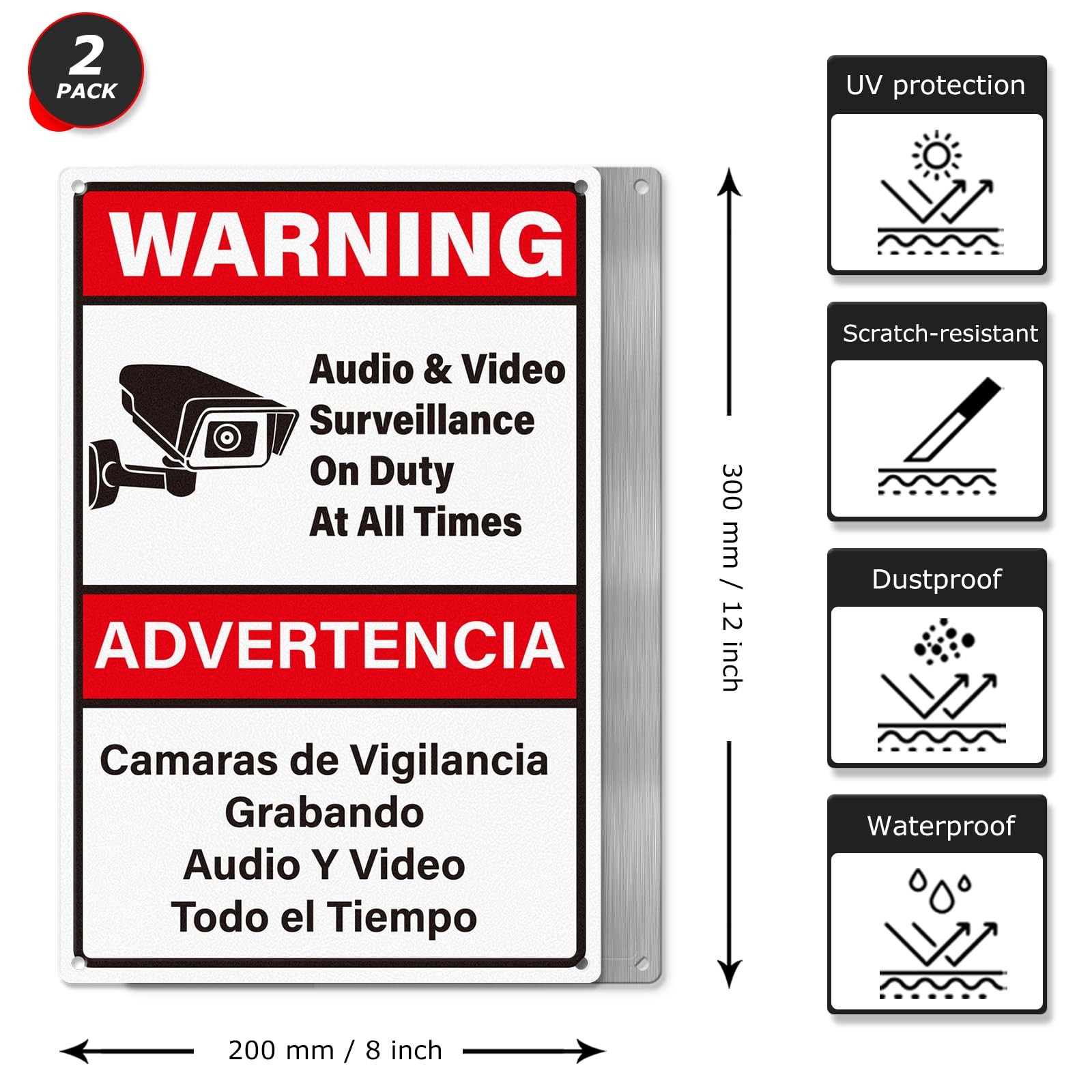 YIKIADA 2 Pack Video Surveillance Signs Bilingual 12 × 8 Inches Rust Free