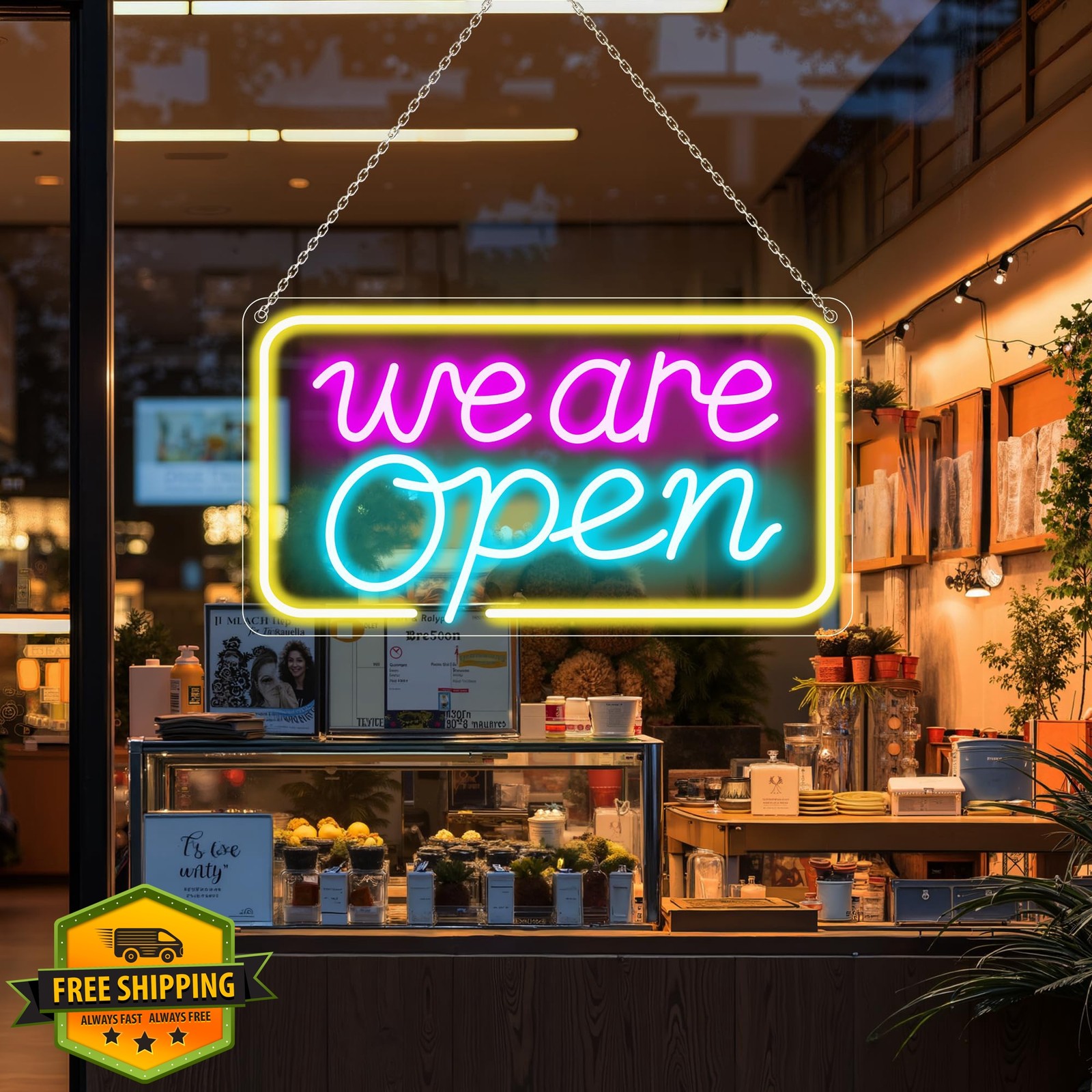 LED Neon Open Sign | 16.5″ x 9″ Dimmable | USB Powered, Pink/Blue/Yellow Ligh…