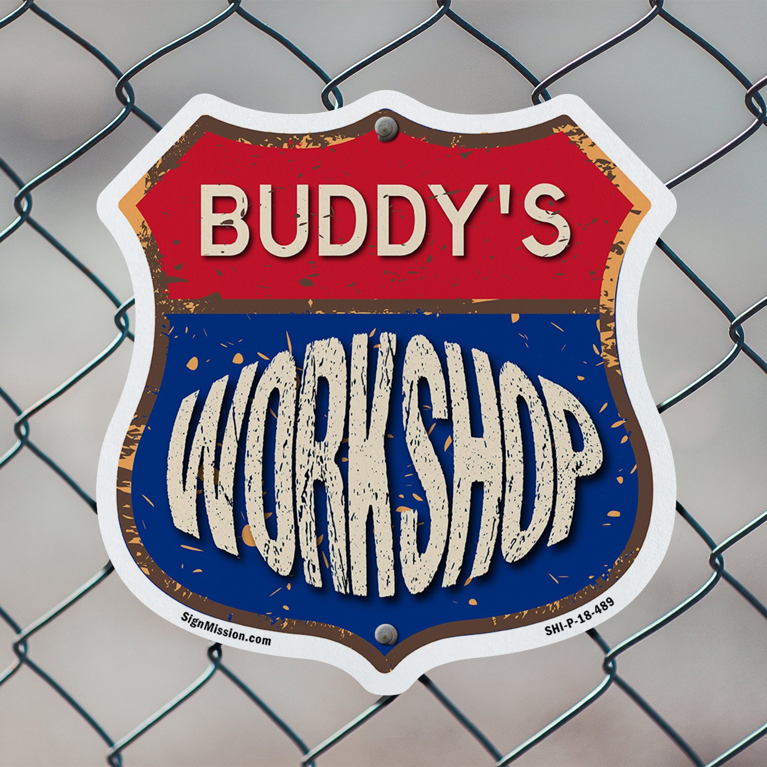 Buddy’s Workshop Shield Shaped Sign Weather Resistant Crafted in the USA