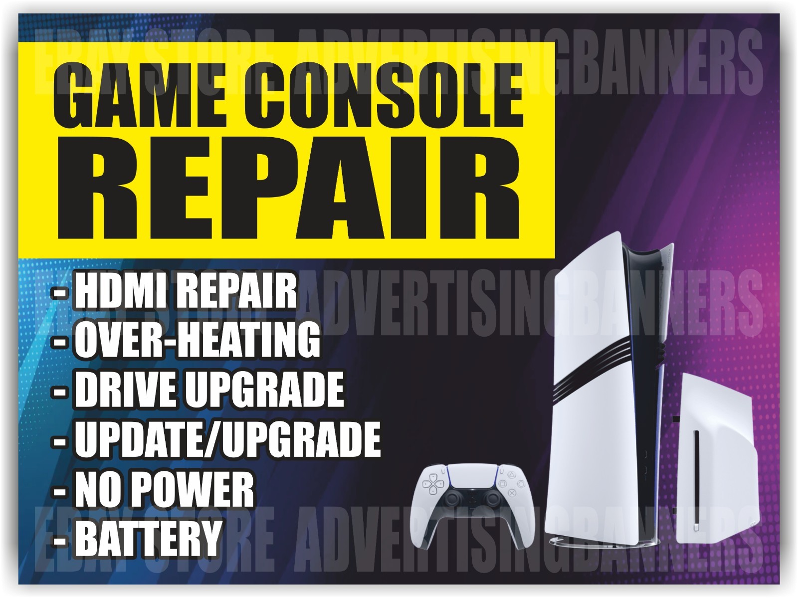 GAME CONSOLE REPAIR Yard Sign with H-Stakes HDMI Repair Over Heating Battery