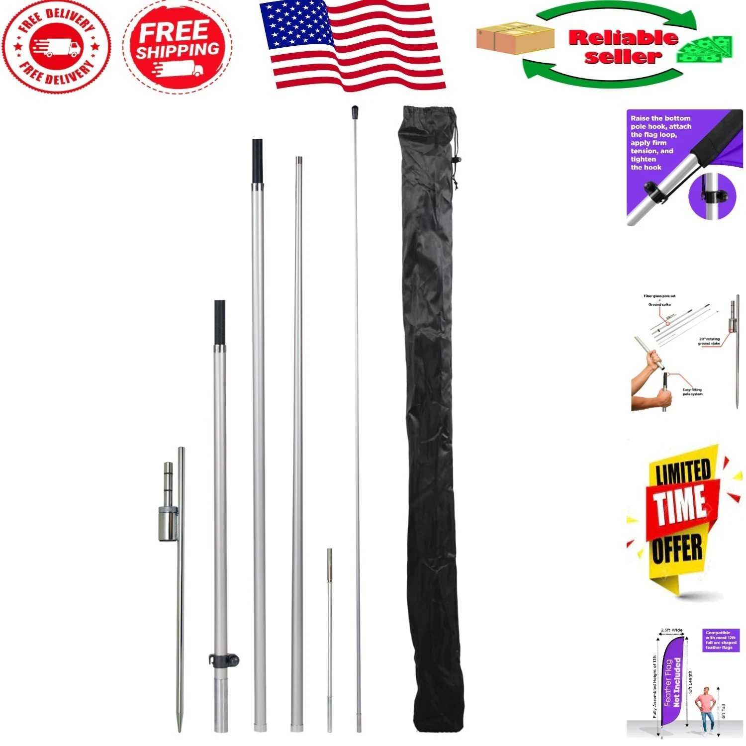 13ft Feather Flag Pole Kit with Rotating Ground Spike for Effective Advertising