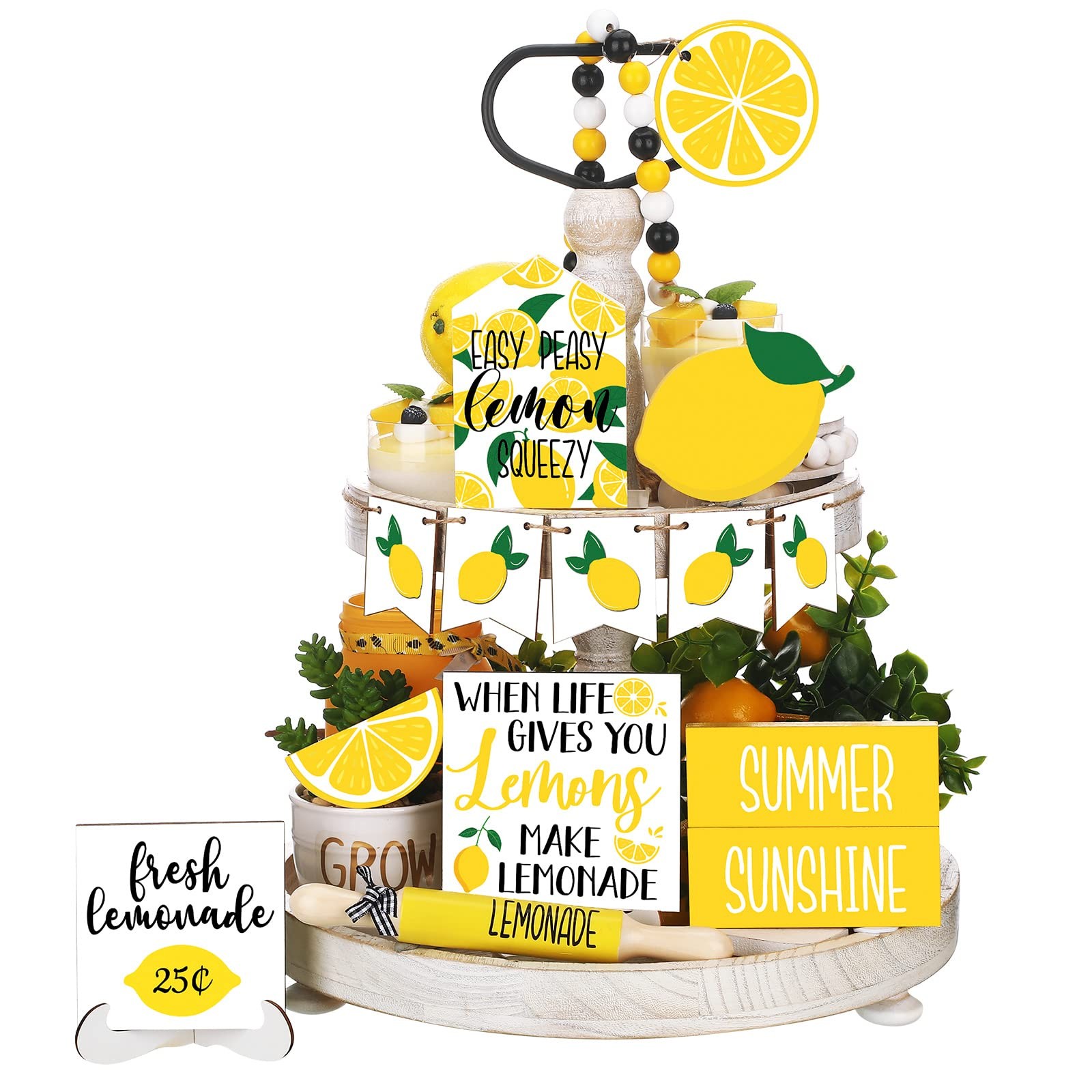 14 Pcs Summer Lemon Tiered Tray Decor Set Summer Table Decoration Lemonade Wo…