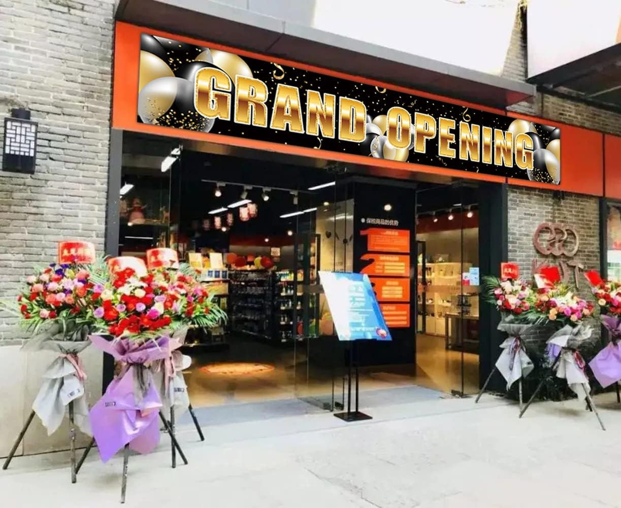 Large Grand Opening Banner, Black Gold Large Business Opening Backdrop