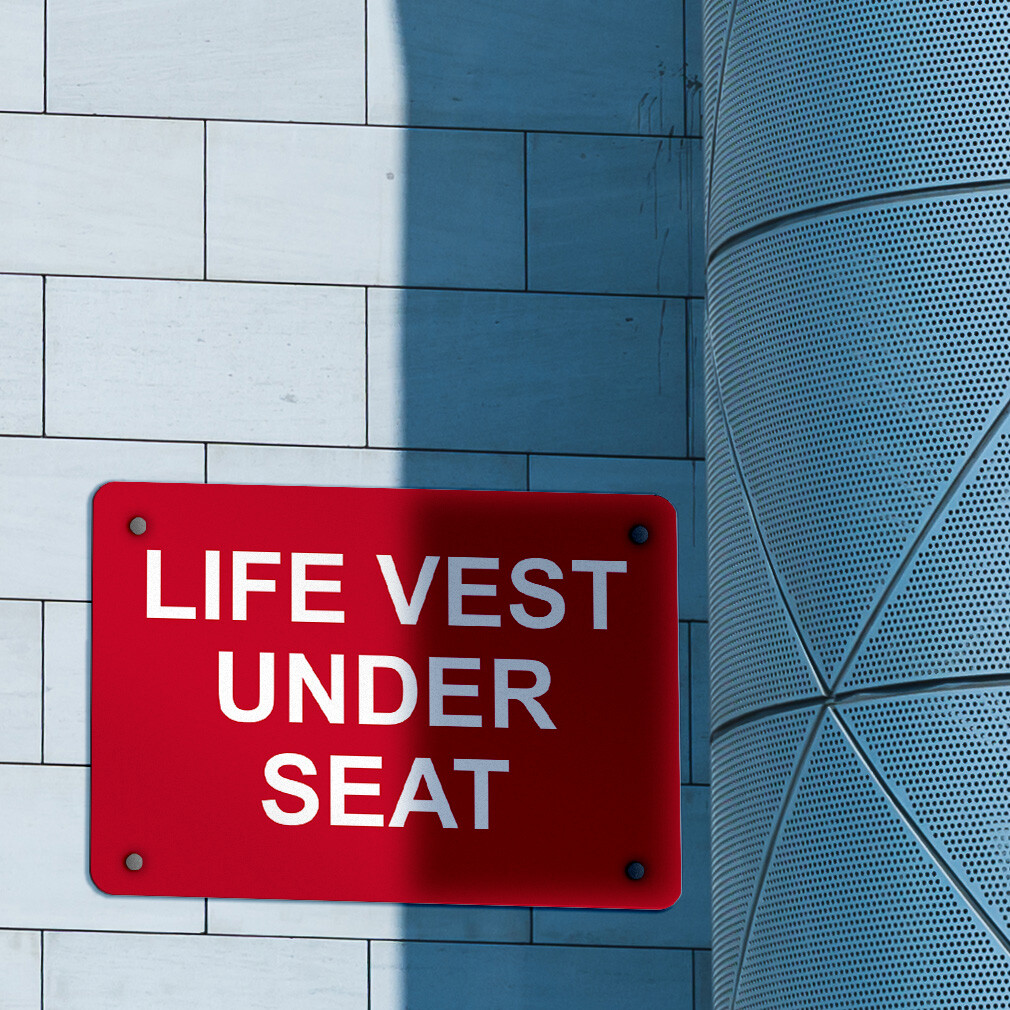 Aluminum Horizontal Metal Sign Life Vest Under Seat White on Red With Border