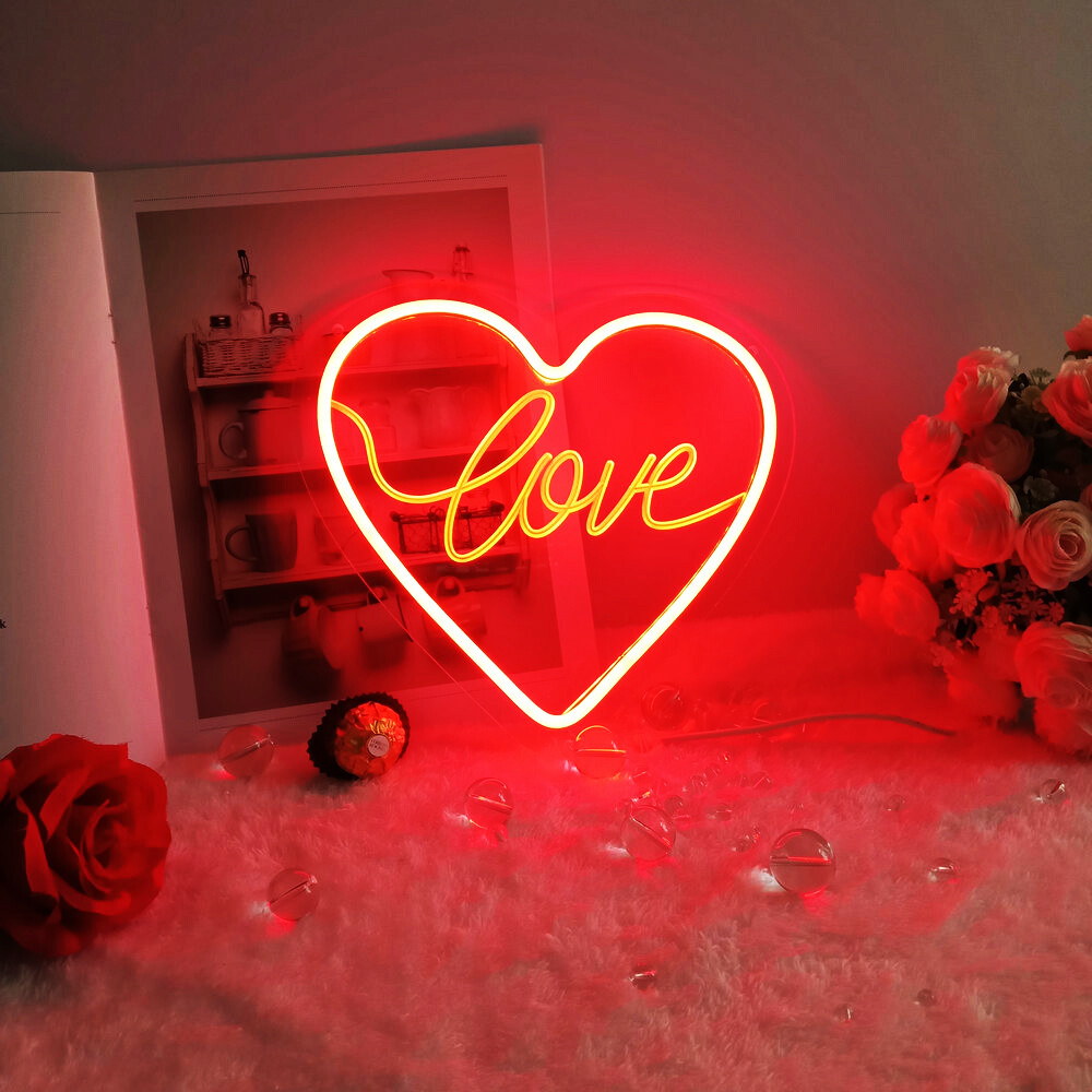 QOMOLANGMA 9.8” X 9.4” RedPink LED Neon Sign – Heart shape love