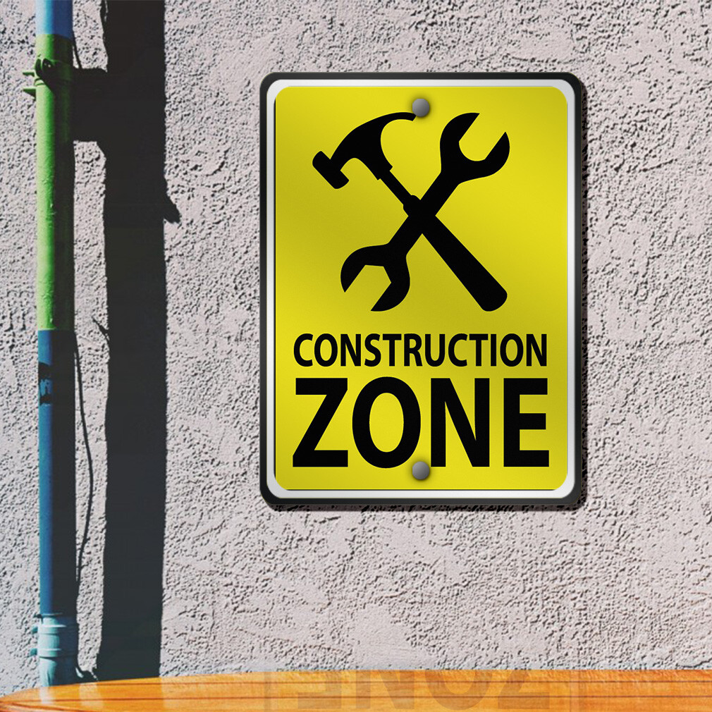 Aluminum Vertical Metal Sign Construction Zone Caution Weatherproof Street