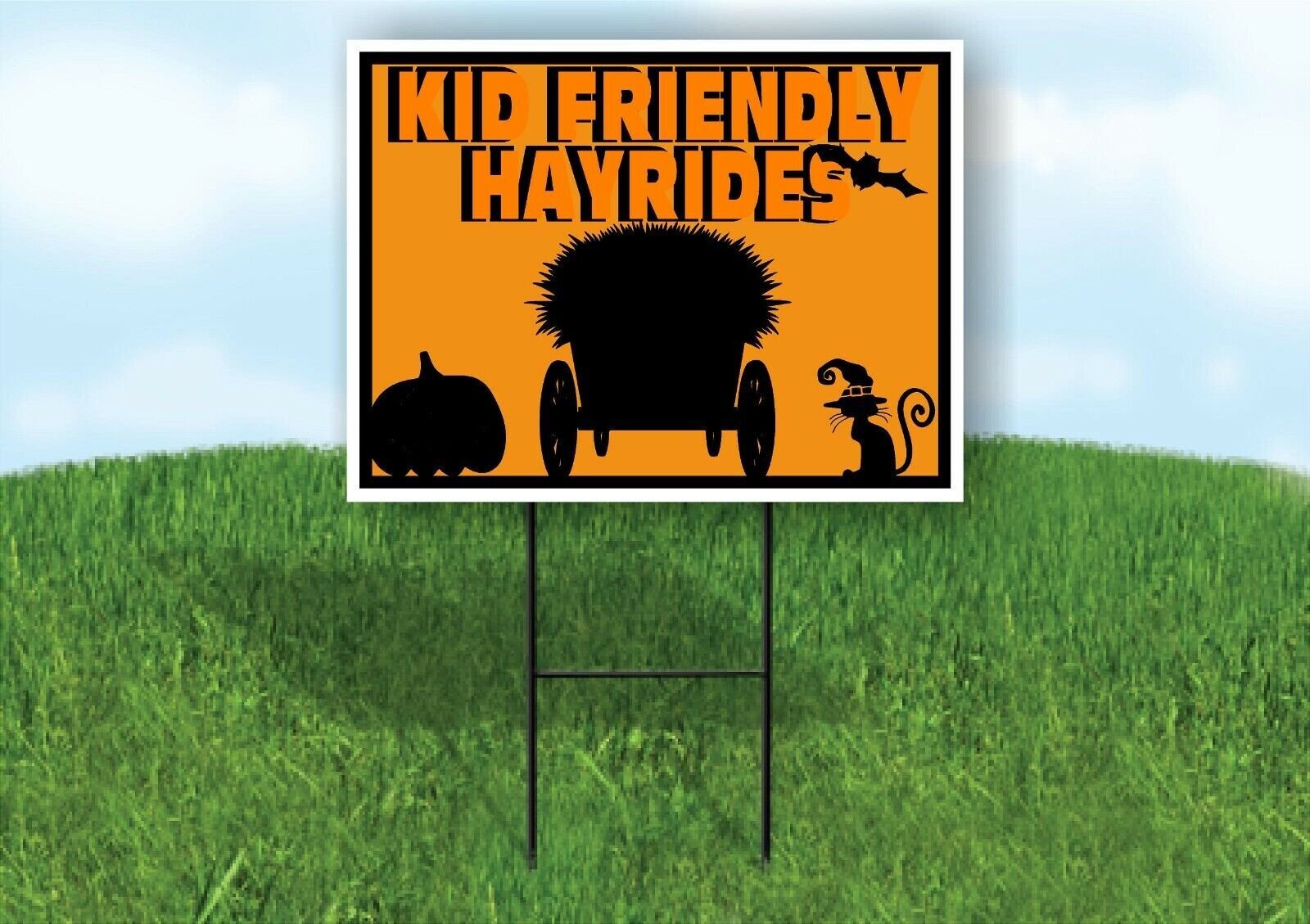 KID FRIENDLY HAYRIDES WAGON ORANGE Yard Sign with Stand LAWN SIGN