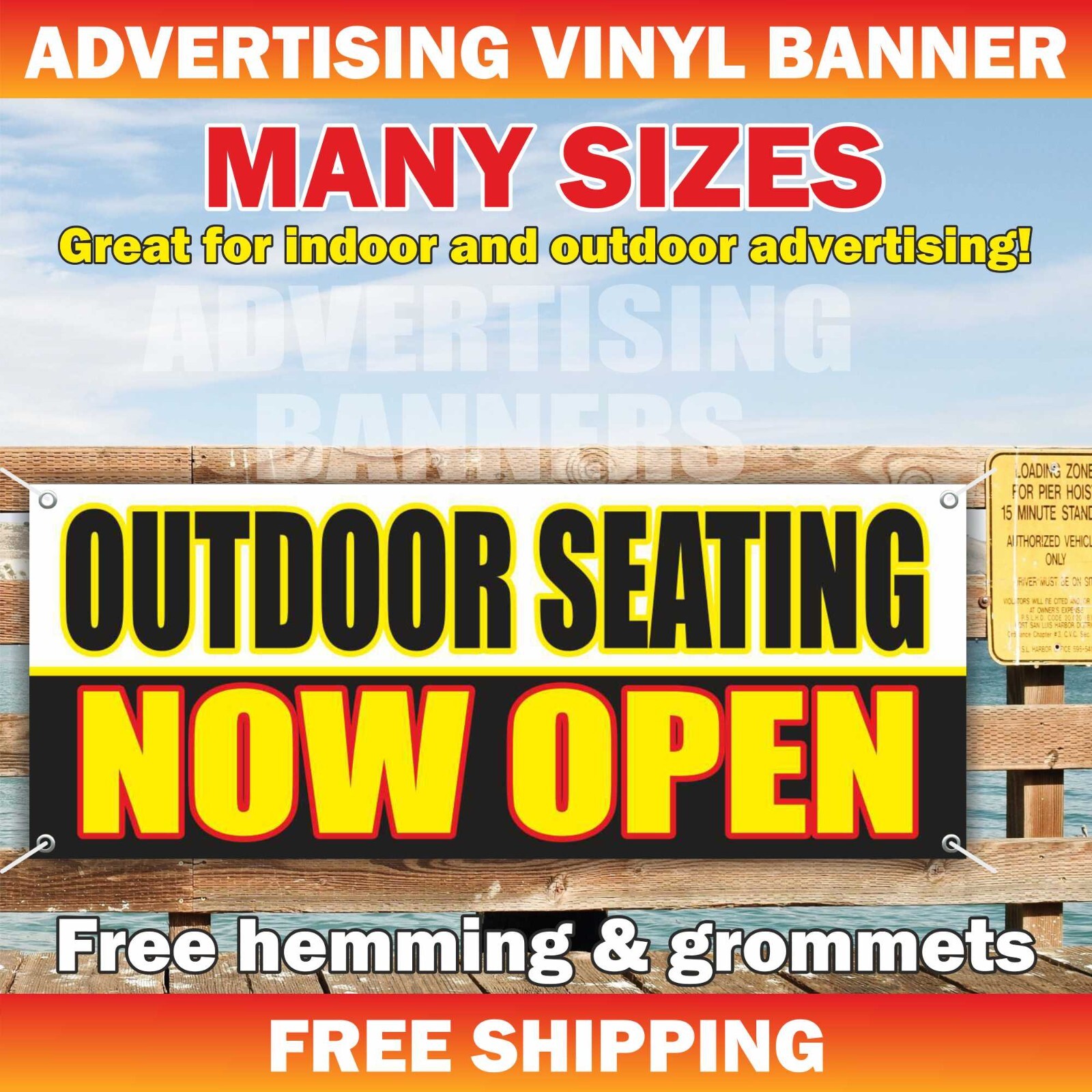 OUTDOOR SEATING NOW OPEN Advertising Banner Vinyl Sign Patio Welcome Breakfast
