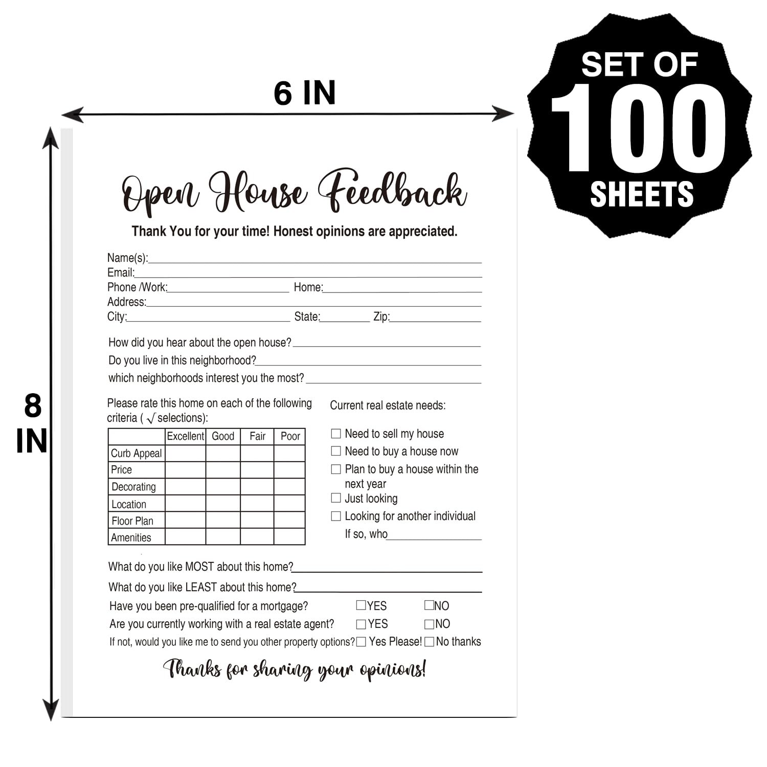100 Pieces Open House Signs for Real Estate Supplies, Feedback Notepad Sign-i…