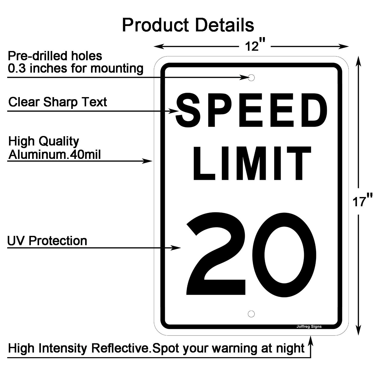 Speed Limit 20 MPH Sign17 x12 InchesReflective Aluminum 2 Pack