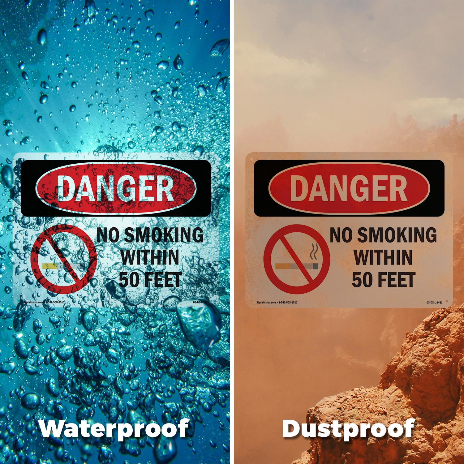 No Smoking Within 50 Feet OSHA Danger Sign Metal Plastic Or Decal – 5 or 10 Pack