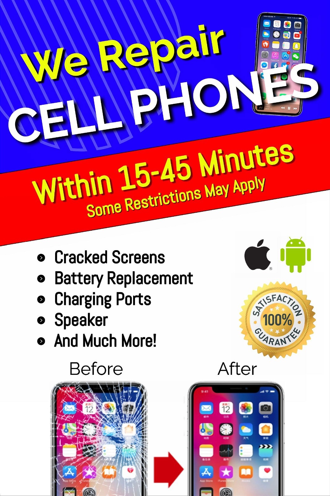 We Repair Cell phones with 15-45 minutes screens battery Advertising poster sign