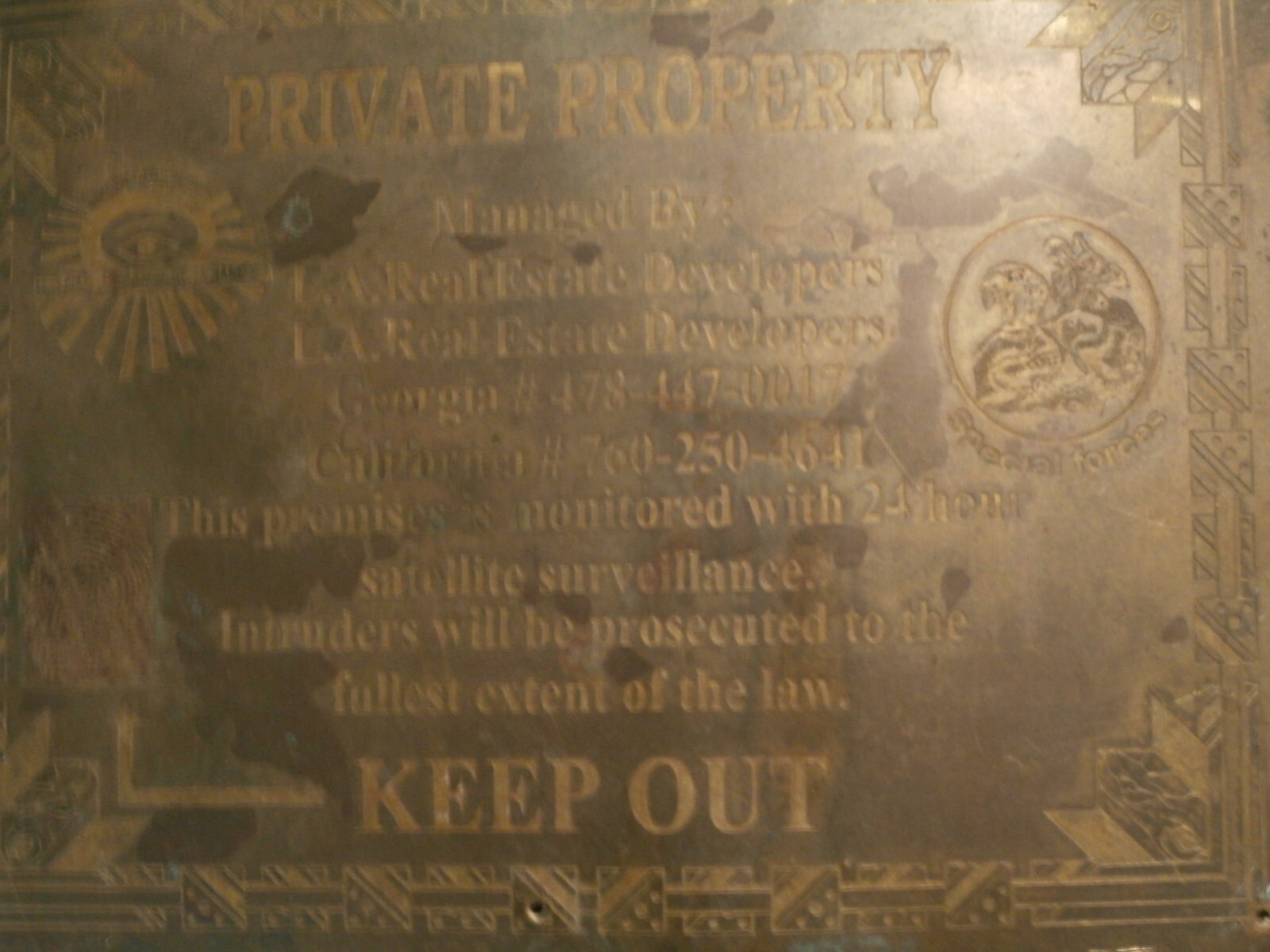 VTG Rare bronze Sign, Very Intricate Etched design “Private Property” Keep Out