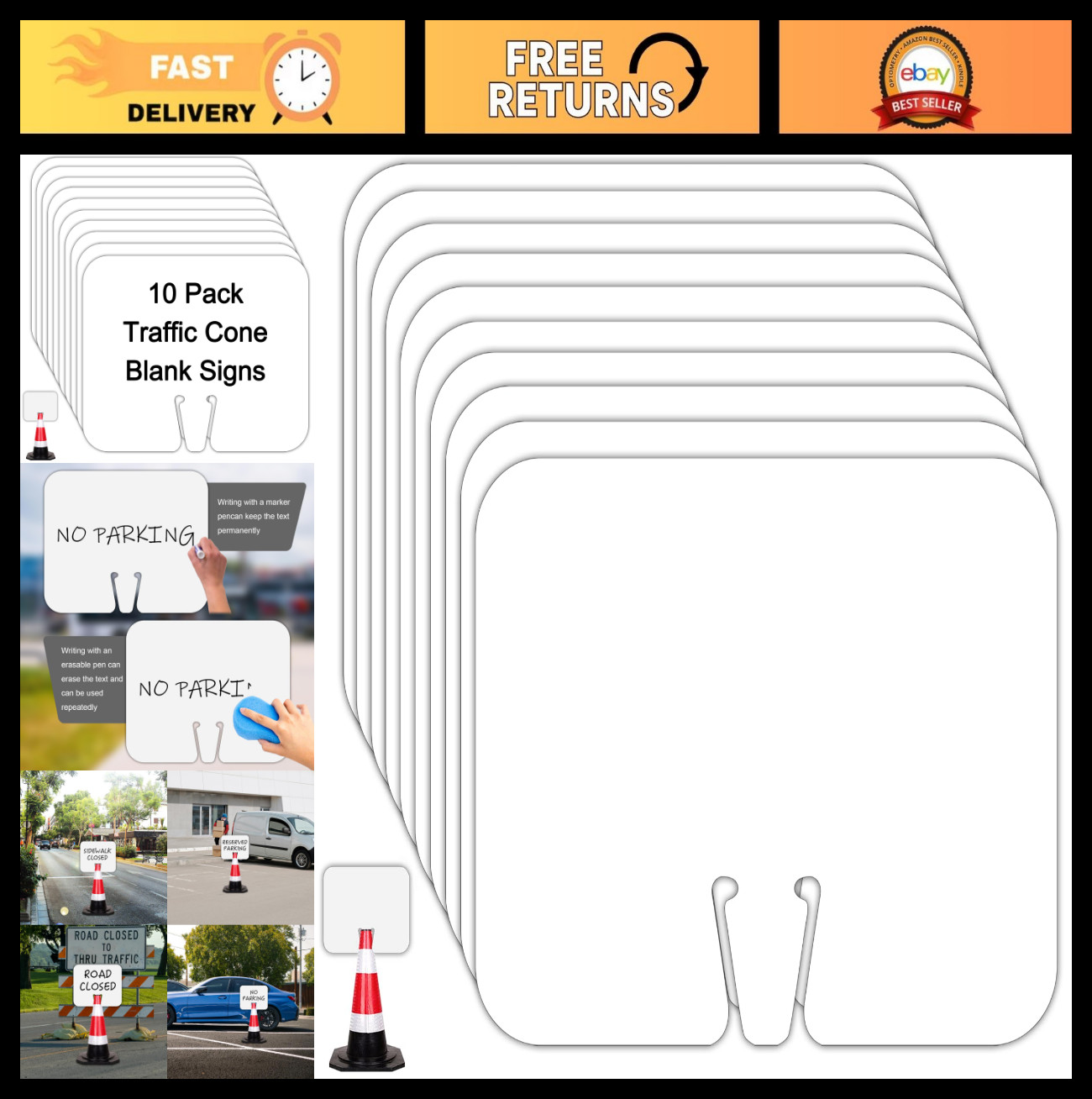 10 Pack Blank Traffic Cone Signs 12.6″x10.4″ Waterproof Write-On DIY Road Barric