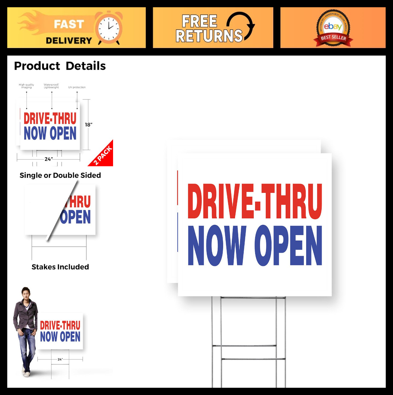 Drive Thru Now Open Yard Sign 2 Pack – 18×24 Double-Sided Weatherproof Plastic