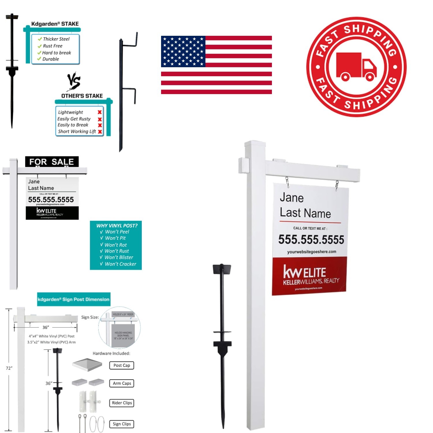 Real Estate Yard Sign Post 72 Inch White Vinyl with Easy Setup Components
