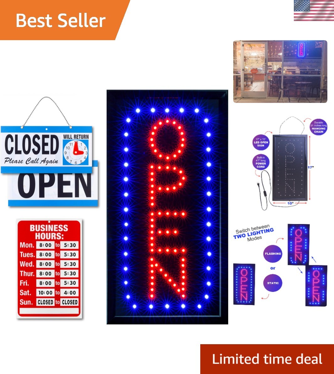 Modern Vertical LED Neon Open Sign for Businesses – Easy Install, 17″ x 10″