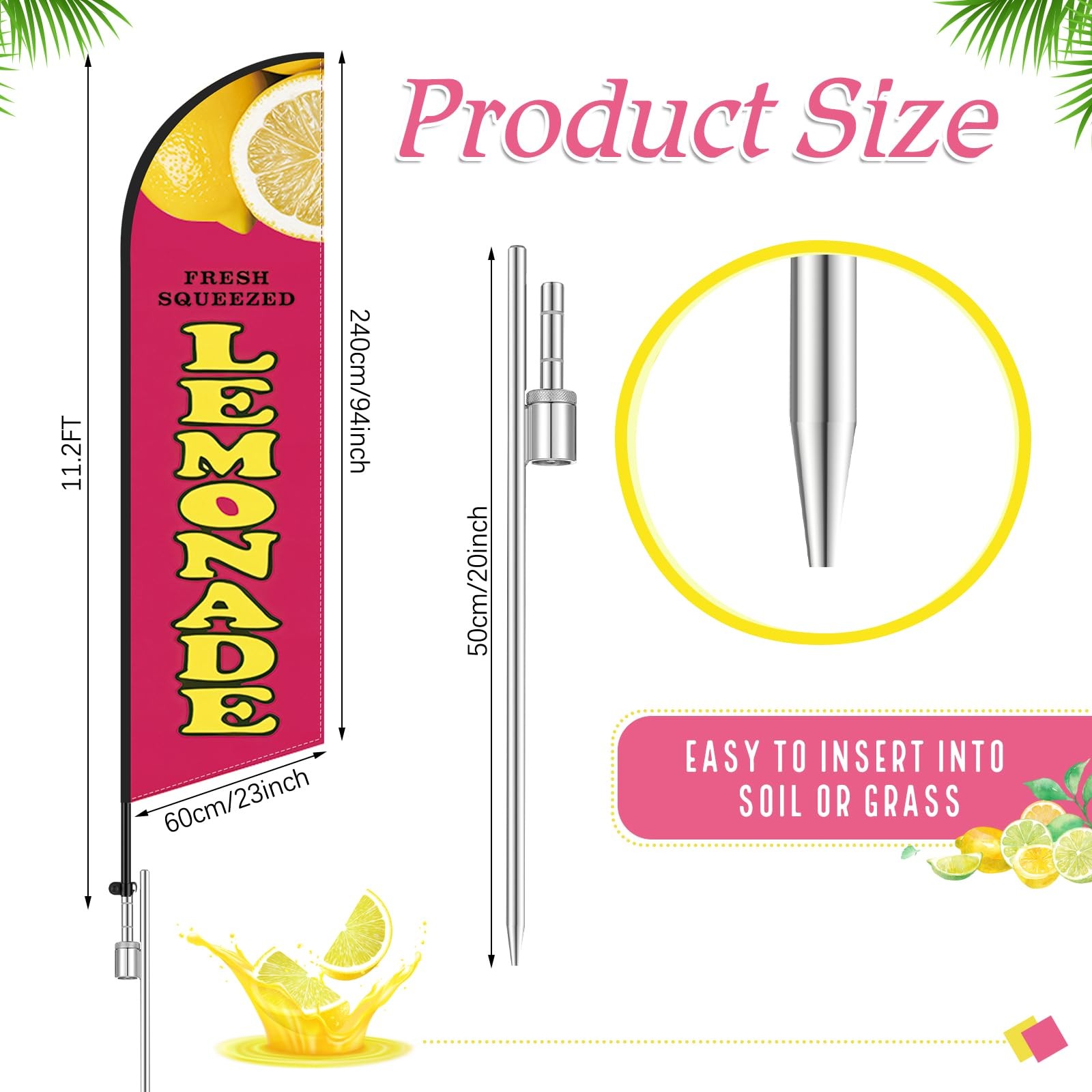 HunnmingRe 11.2 ft Cute Lemonade Feather Flag with Pole – Windless Flag Banne…