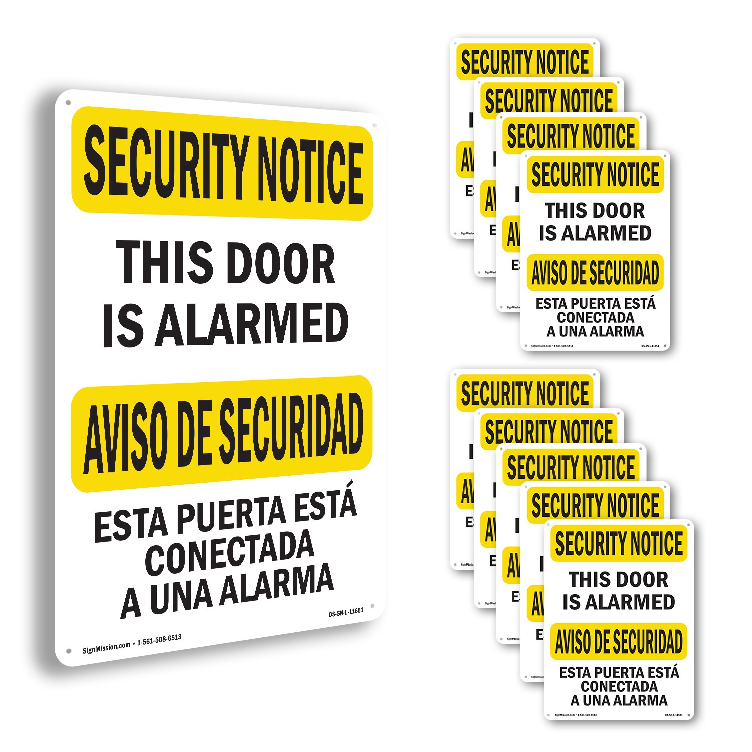 This Door Is Alarmed Bilingual OSHA Security Notice Sign Or Decal – 5 or 10 Pack