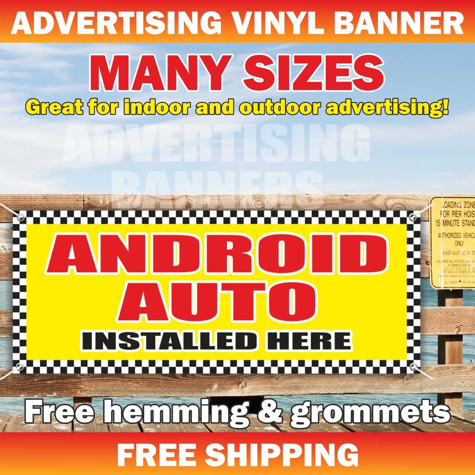 ANDROID AUTO INSTALLED HERE Advertising Banner Vinyl Mesh Sign Service Repair