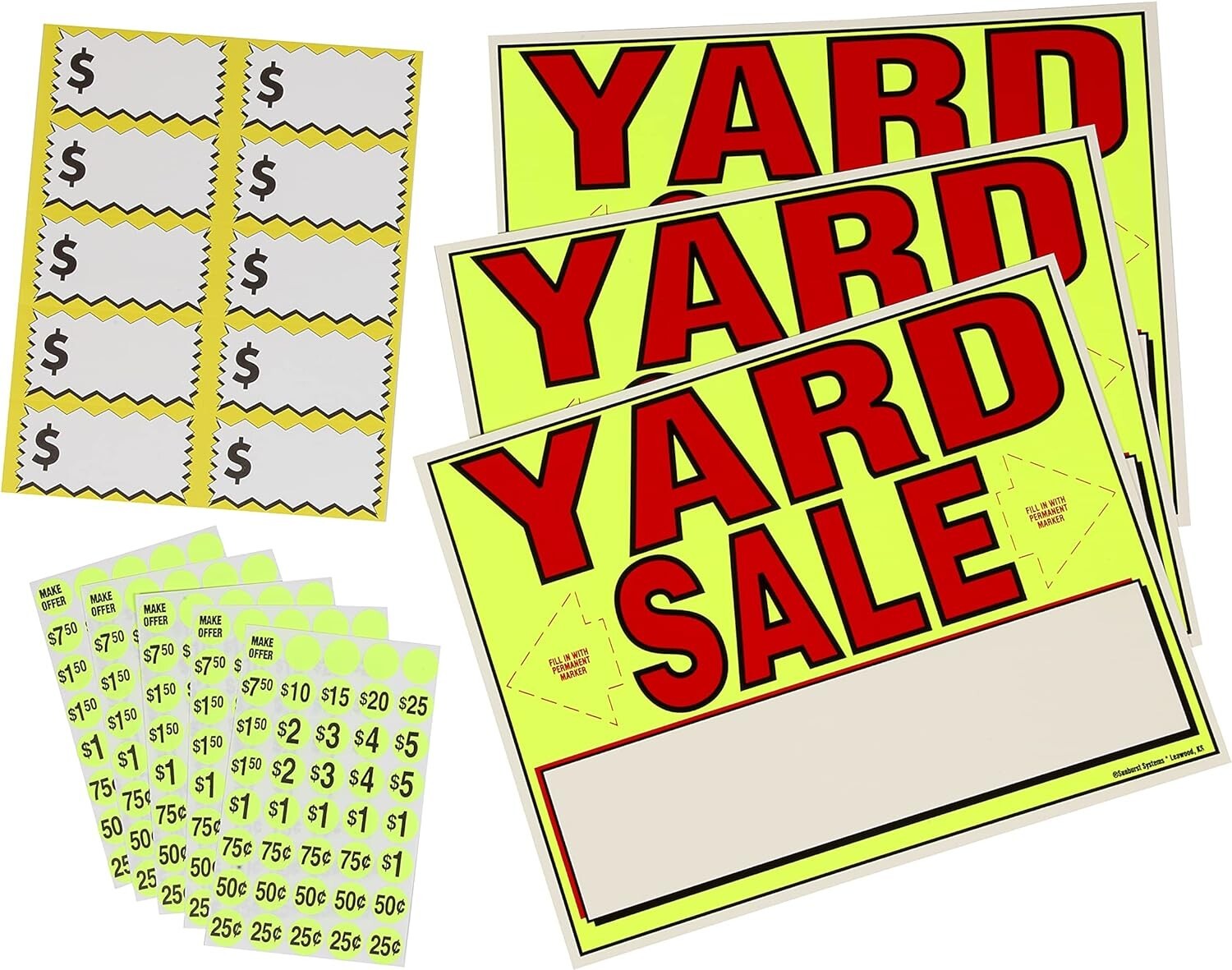 10) Large Label (3) All-Weather Yard Sale Signs, (200) Stickers 11 x 15 Inch