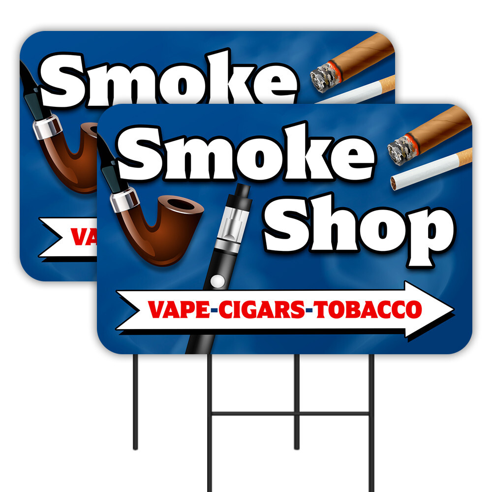 Smoke Shop 2 Pack Double-Sided Yard Signs 16″ x 24″ with Metal Stakes (Made in T