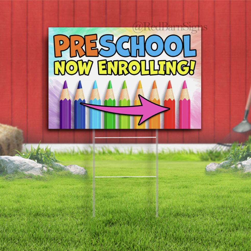 Preschool Now Enrolling arrow Lawn Yard Sign Single-Sided with metal H-Stakes