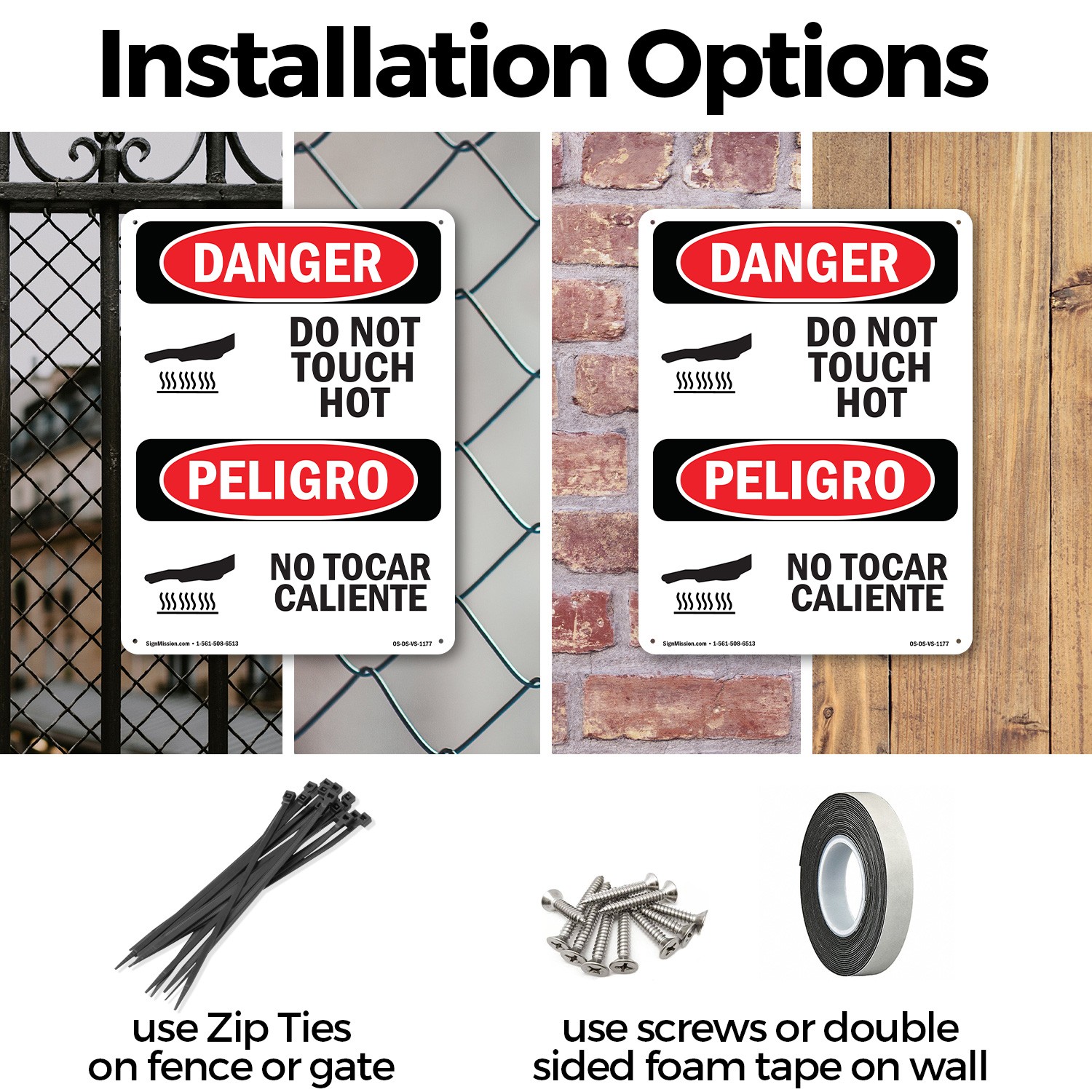 Do Not Touch Hot Bilingual OSHA Danger Sign Metal, Plastic, Decal 5 or 10 Pack