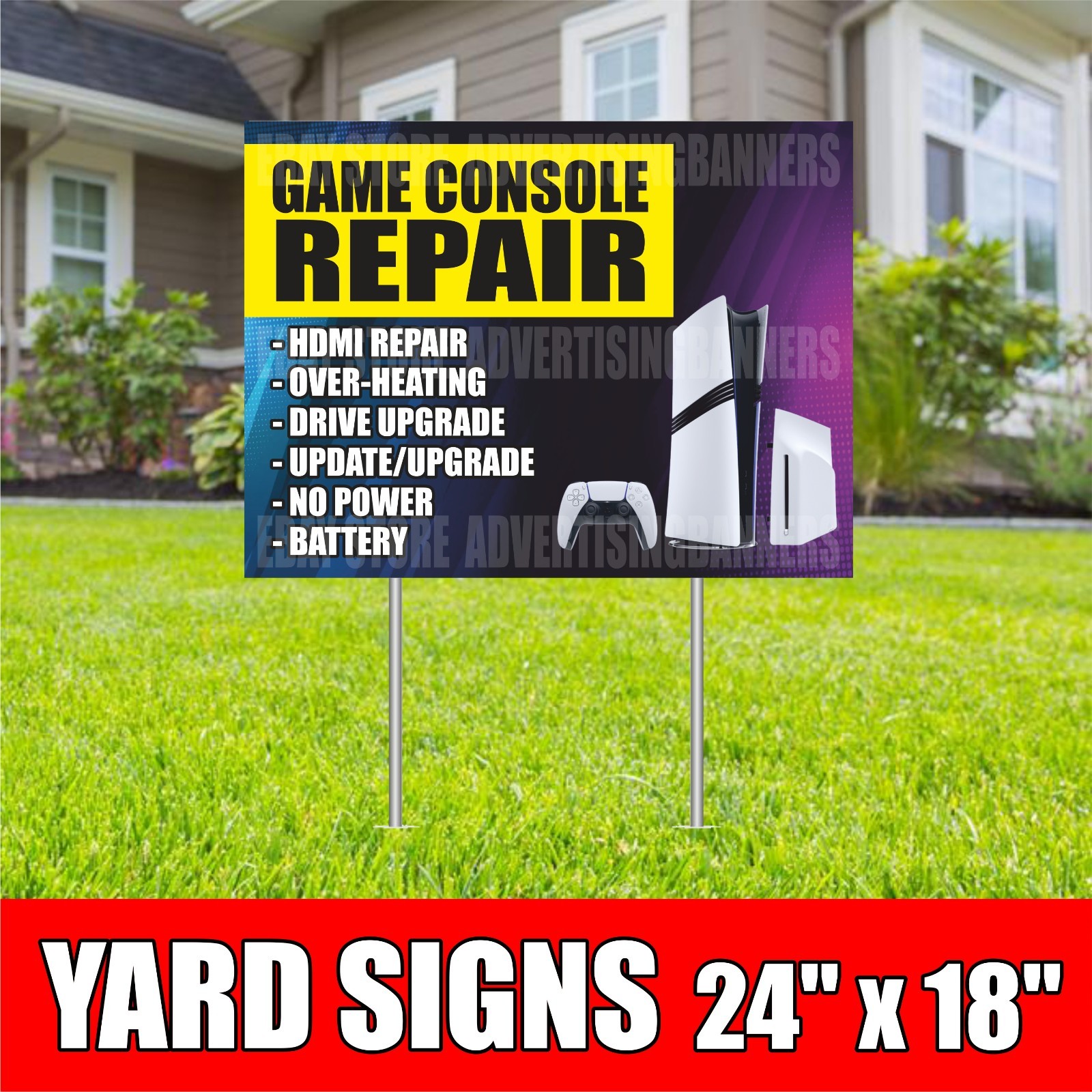 GAME CONSOLE REPAIR Yard Sign with H-Stakes HDMI Repair Over Heating Battery