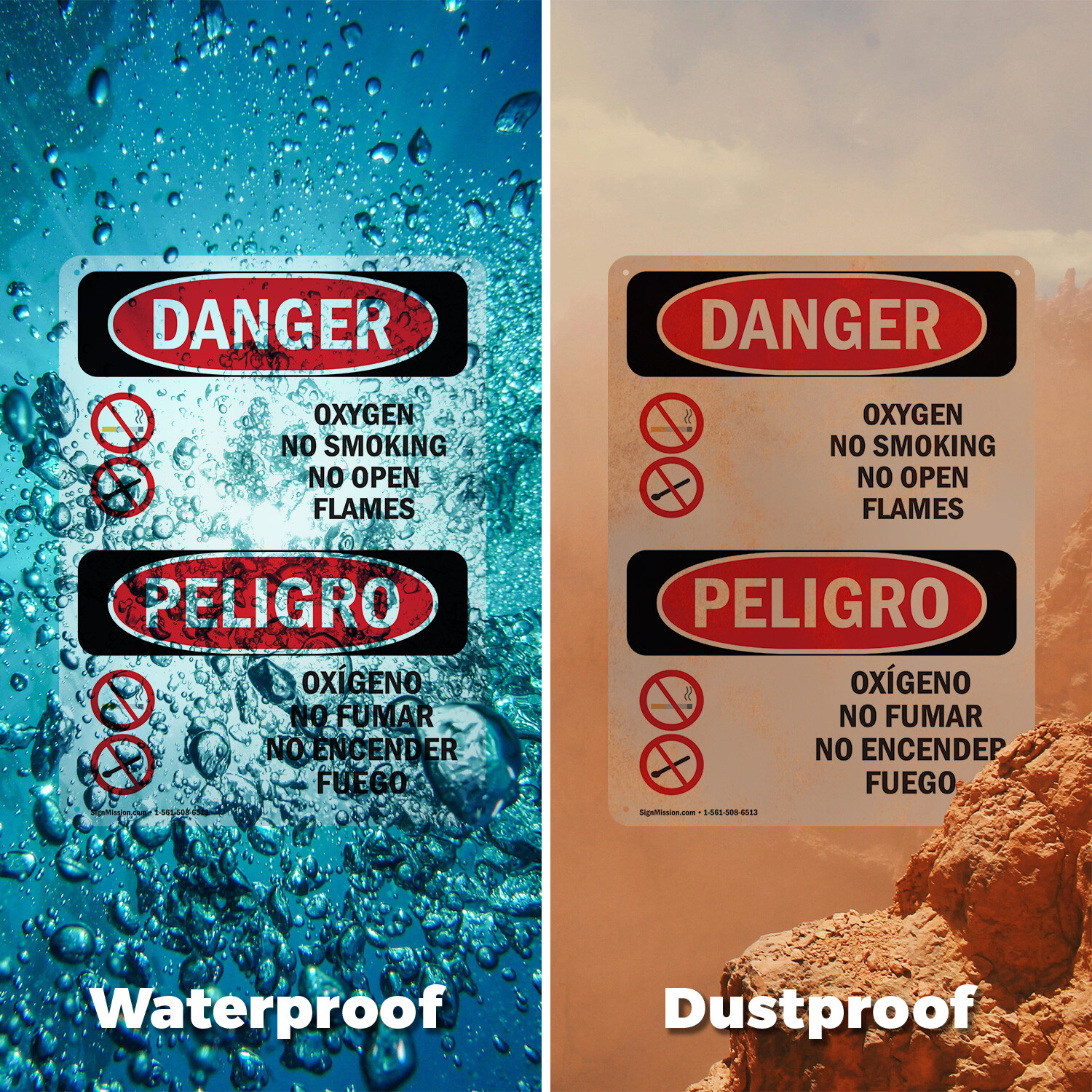(2 Pack) Oxygen No Smoking No Open Flames Bilingual OSHA Danger Sign Decal Metal