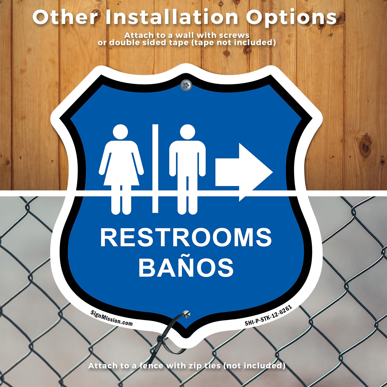 Restrooms Ba�os Right Arrow Bilingual English / Spanish Shield Sign With Stake