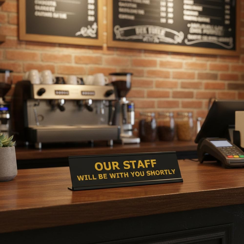 2×8 Inch Our Staff Will Be With You Shortly Sign Black Frame Desk Counter Tag