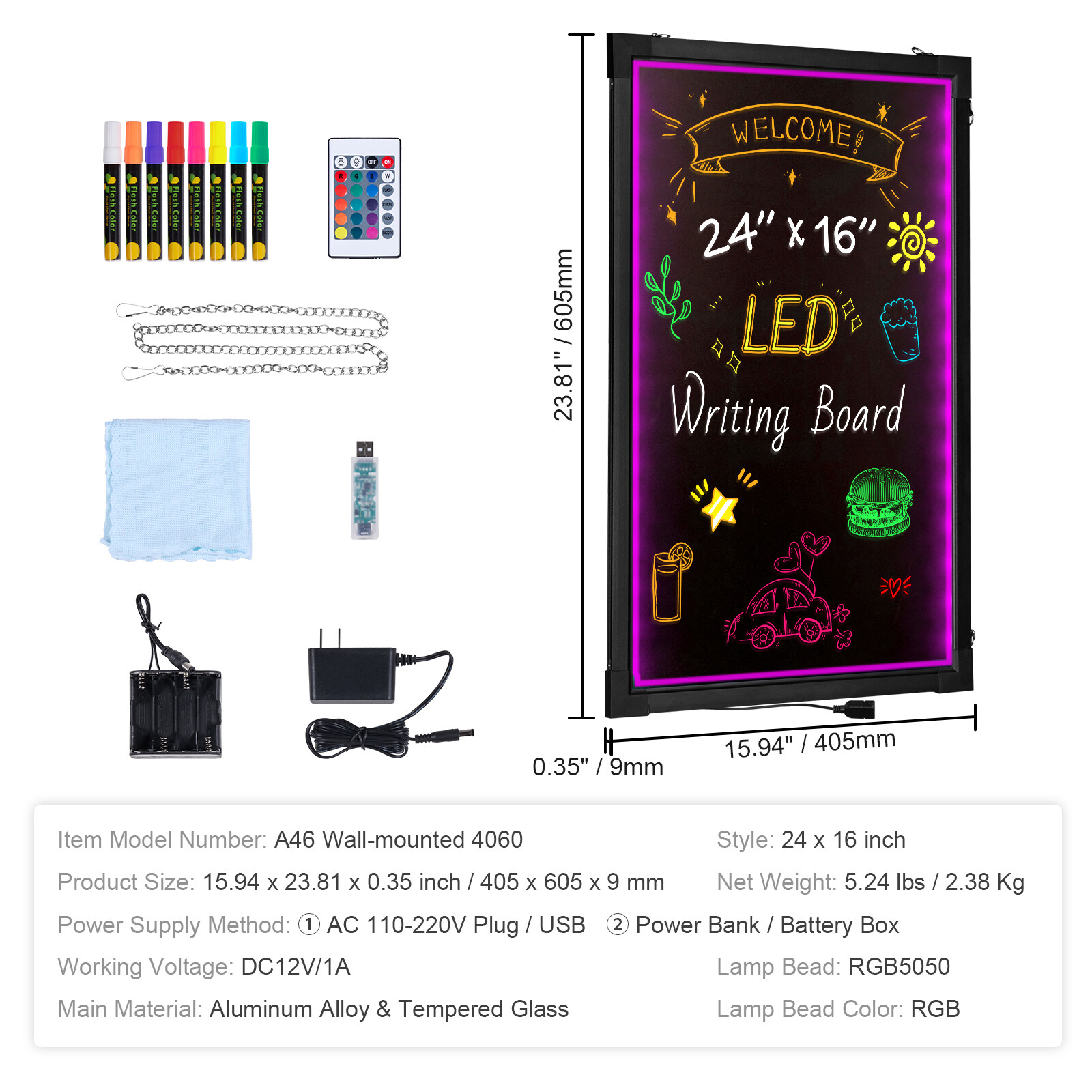 VEVOR LED Message Writing Board 24″x16″ Illuminated Erasable Lighted Chalkboard