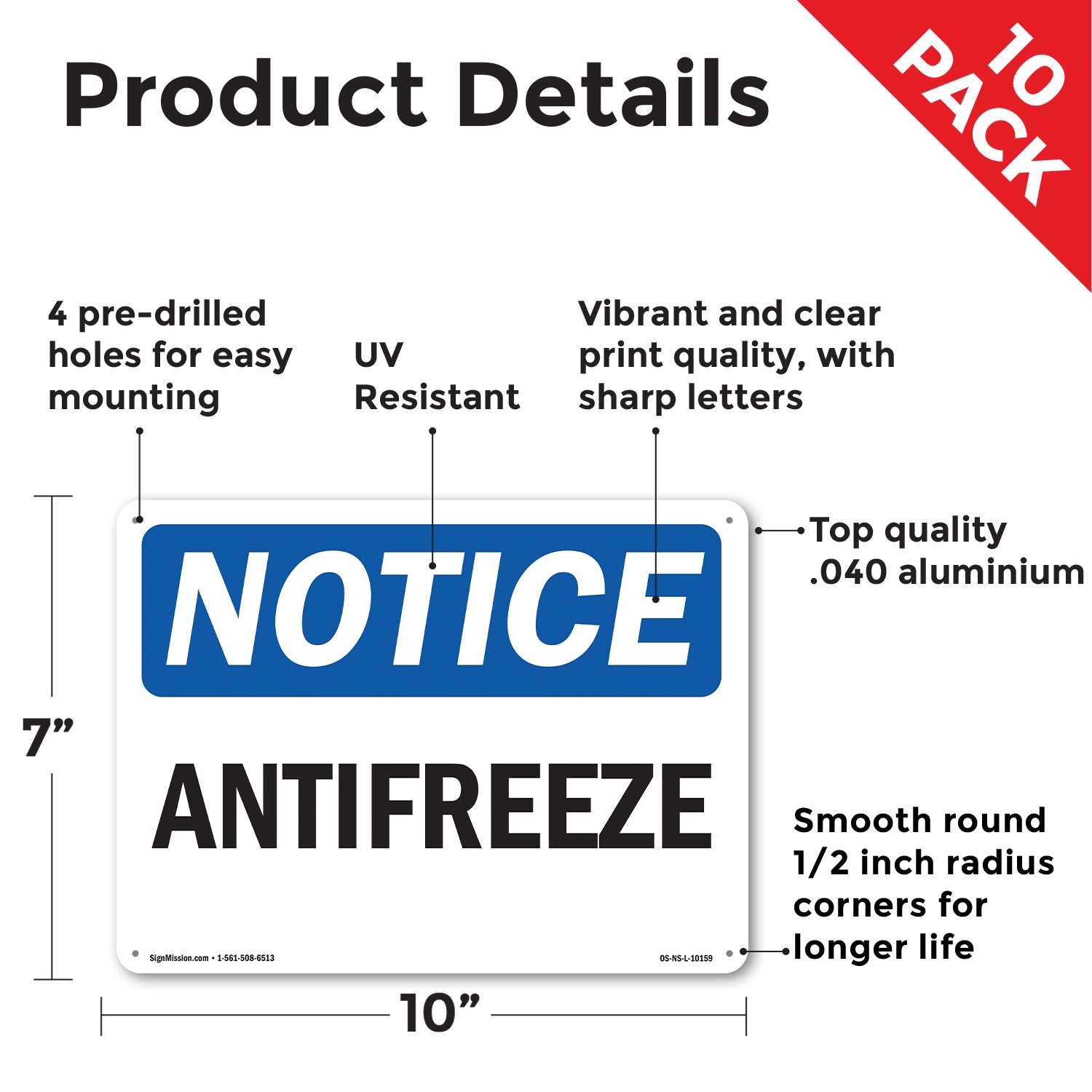 Antifreeze OSHA Notice Sign Metal, Plastic, Or Decal – 5 or 10 Pack