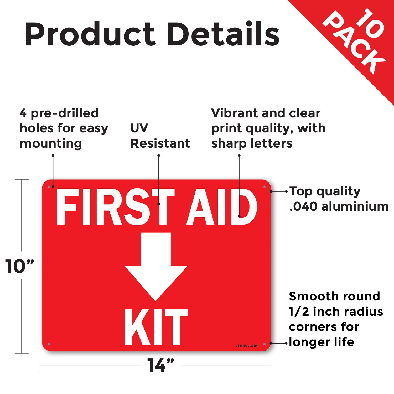 First Aid Kit with Down OSHA Sign Metal, Plastic, Or Decal – 5 or 10 Pack