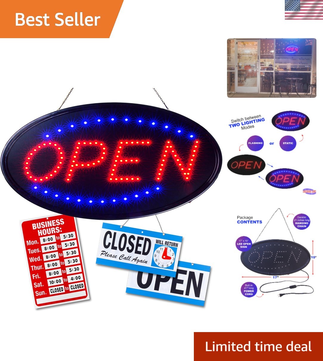 Open Sign for Business, Bright Oval Neon-Style LED Sign | Includes Business H…