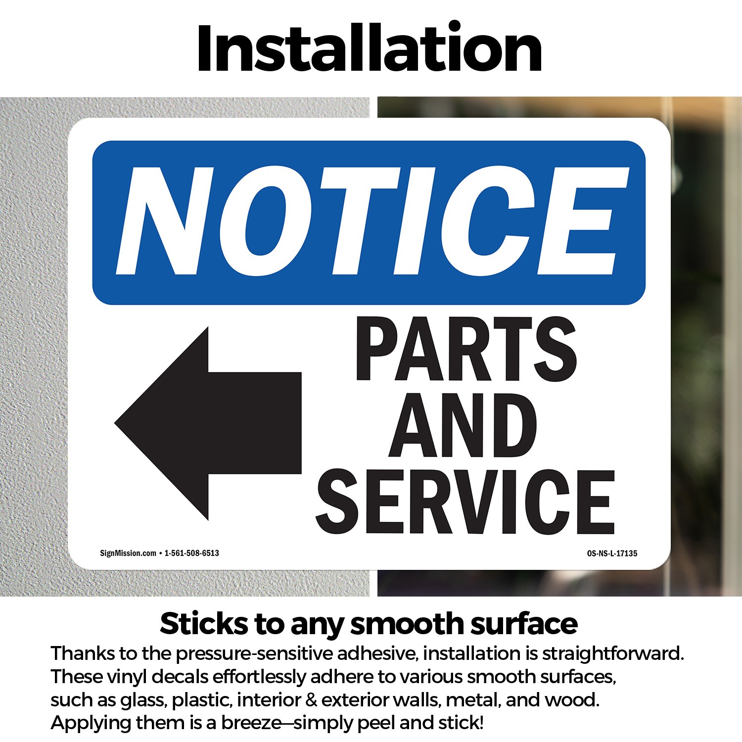 Parts And Service [Left Arrow] With Symbol OSHA Notice Sign, Decal 5 or 10 Pack
